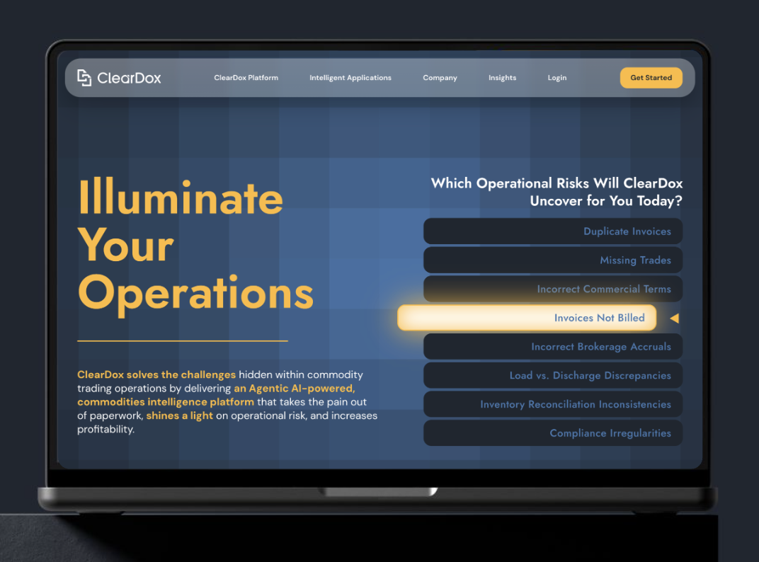 ClearDox commodities intelligence platform homepage screenshot