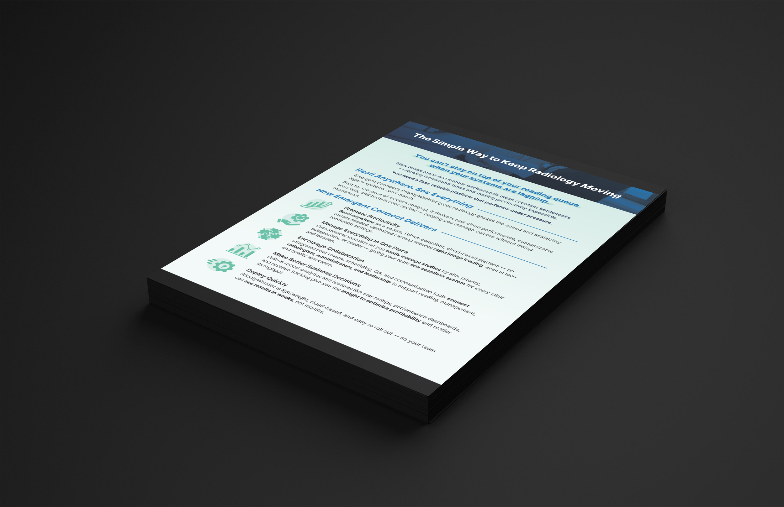 Built discovery question guides, solution overviews, one-pagers, and objection handling guides for EmergentConnect's PACS and radiology workflow platform — giving sales the tools to make every conversation easier.