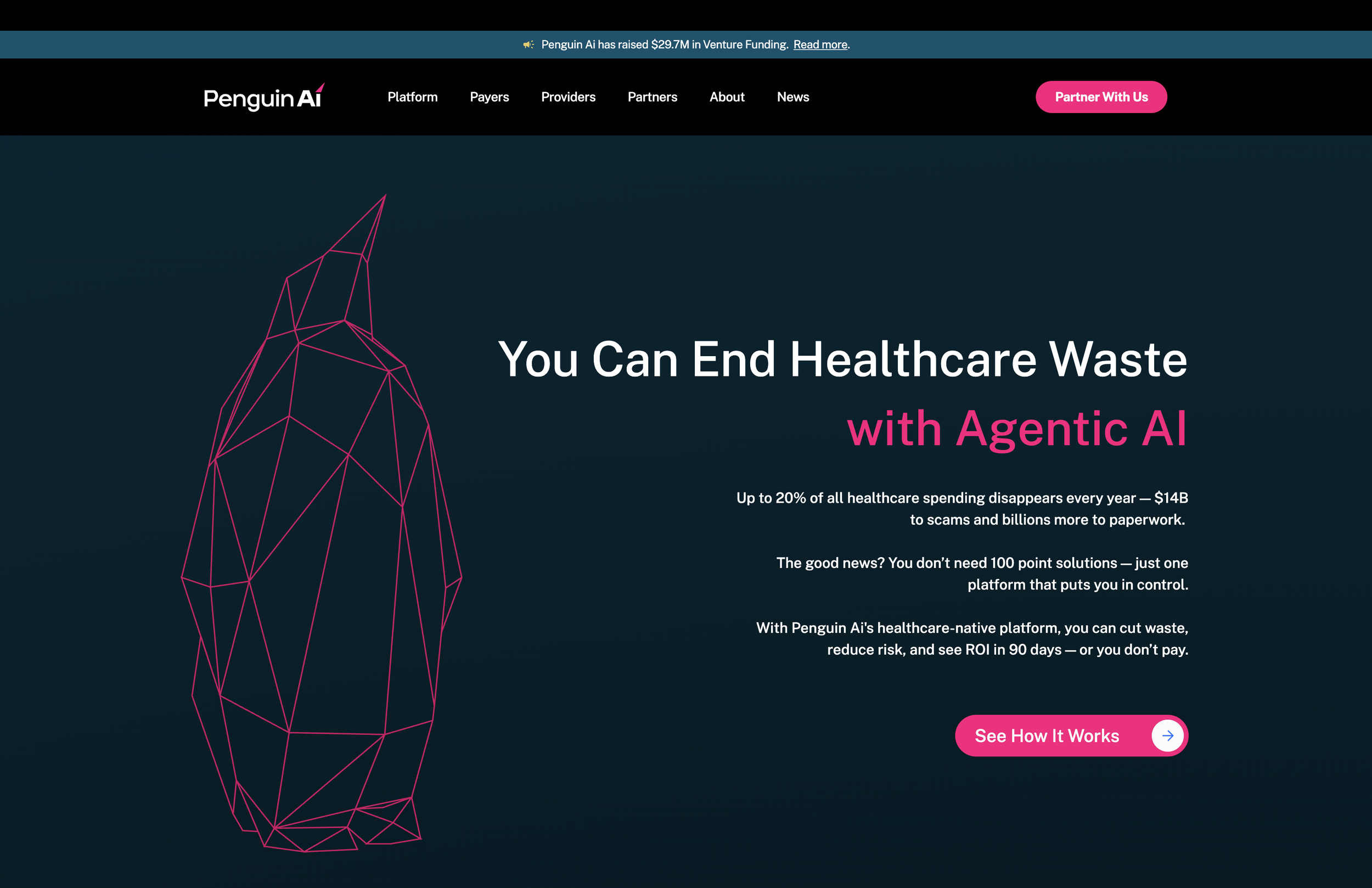 Led a complete messaging overhaul and website launch in 48 hours ahead of Penguin Ai's Series A — translating a complex GenAI healthcare automation platform into clear buyer value.