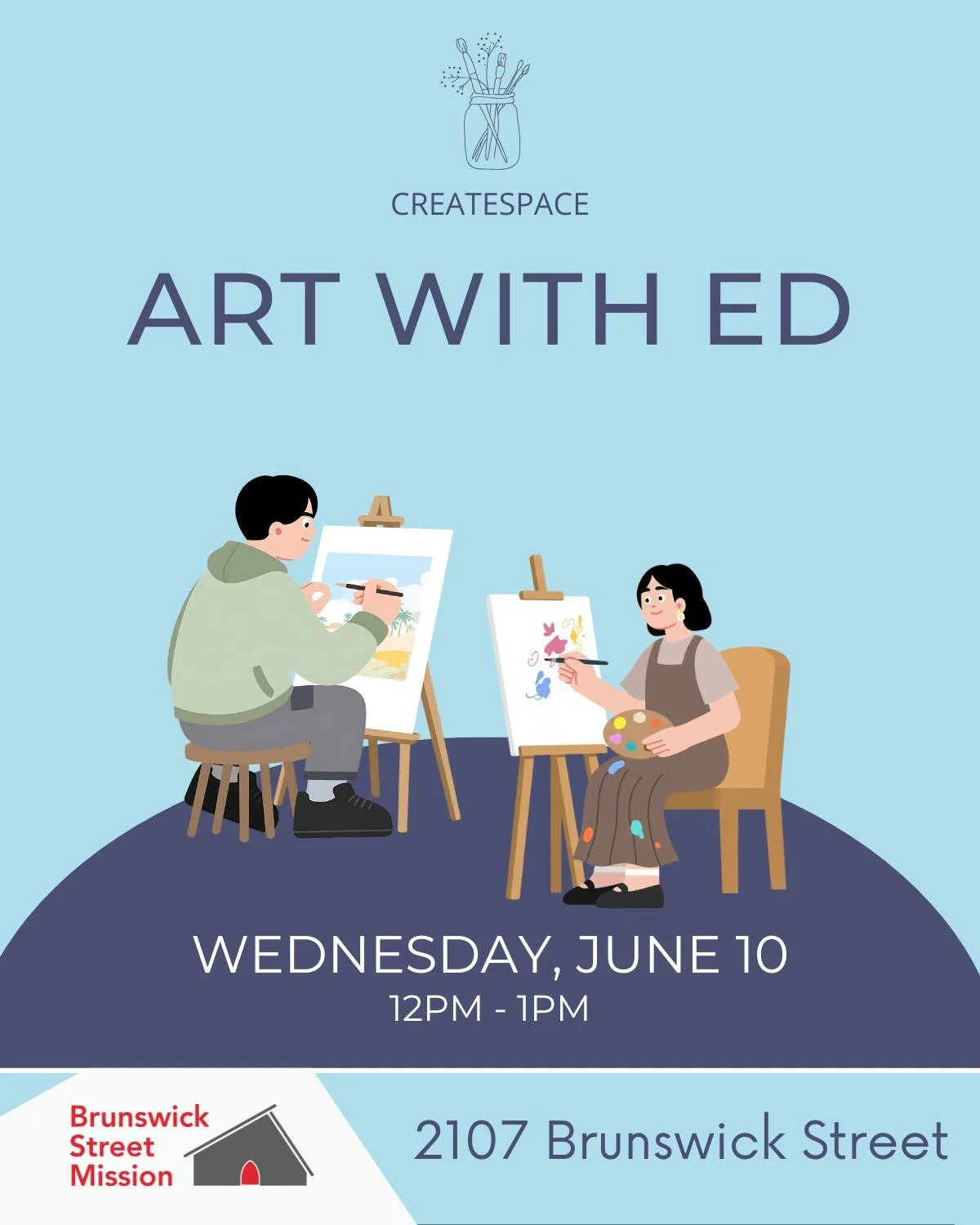 Art with Ed is on Wednesday! Learn to paint and create your own masterpiece here for free: Wednesday, June 10. Families and children invited. Our next Wednesday Createspace events are:

June 10: Art with Ed
June 17: African Drumming
June 24: Music Gr