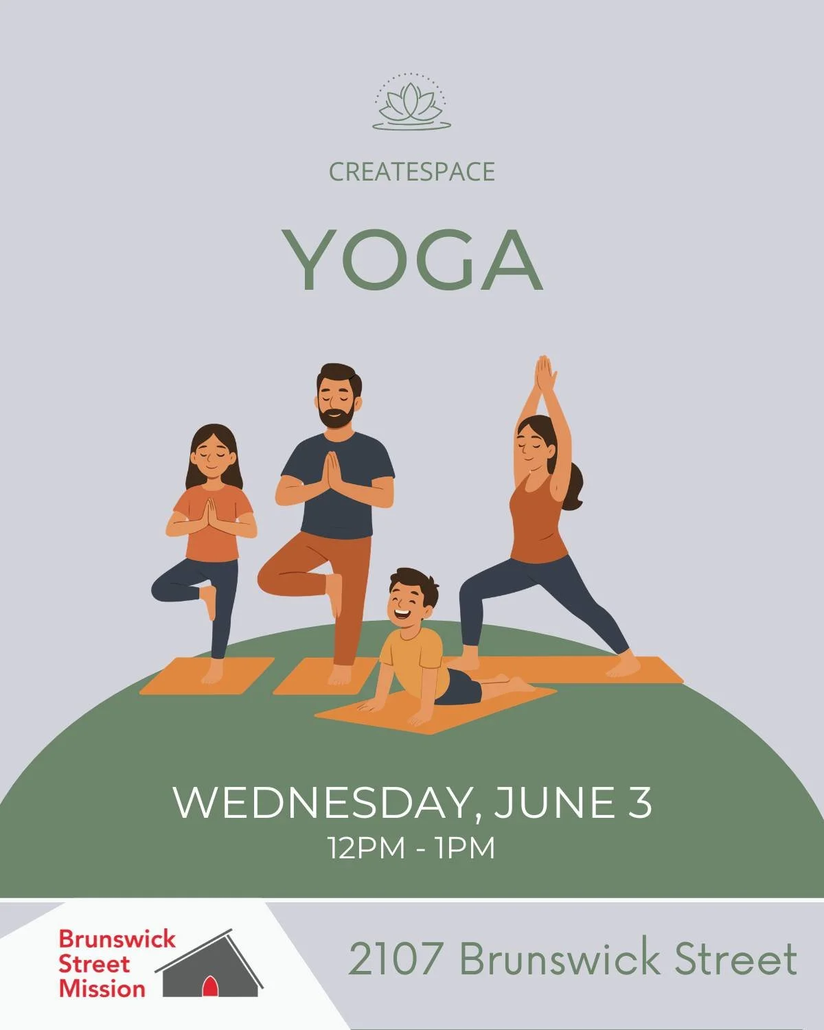 Free Yoga session! Tomorrow from 12pm to 1pm, drop in at 2107 Brunswick Street to stretch your mind and body. Or join us for one of our other Wednesday sessions in June:

June 10: Art with Ed
June 17: African Drumming
June 24: Music Group
