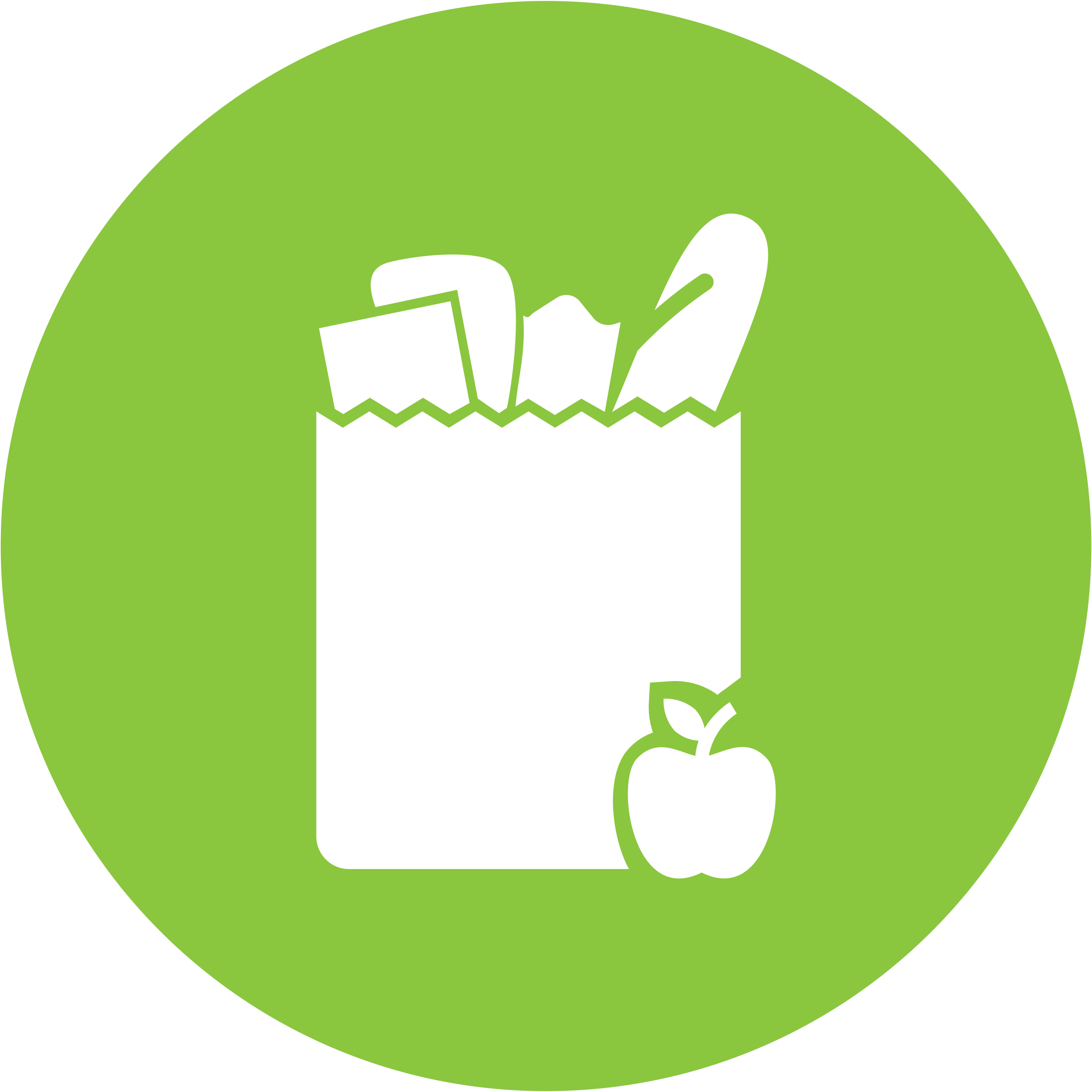 Icon of a paper shopping bag filled with groceries such as a box, a bottle, a spoon, and a straw, with an apple placed outside the bag against a green circular background.