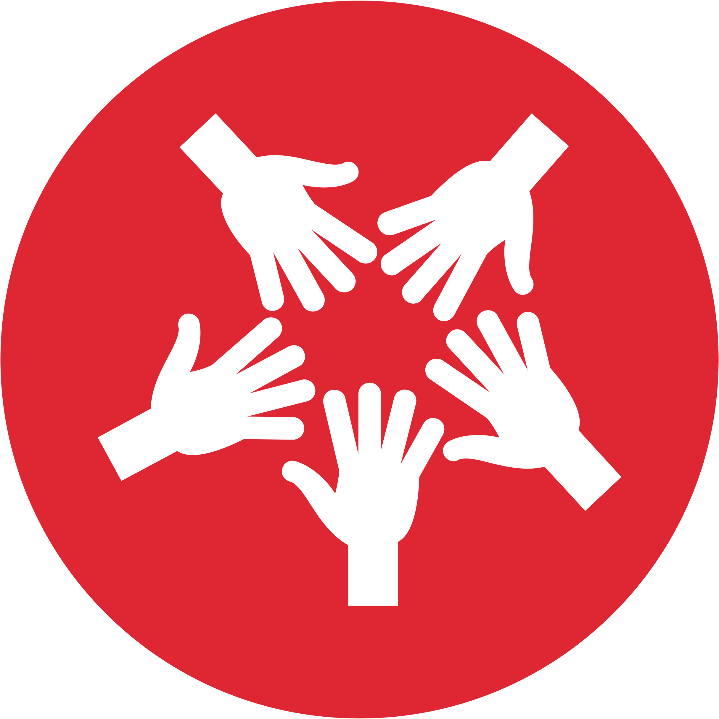 Icon of five white hands reaching toward a central point on a red circular background.