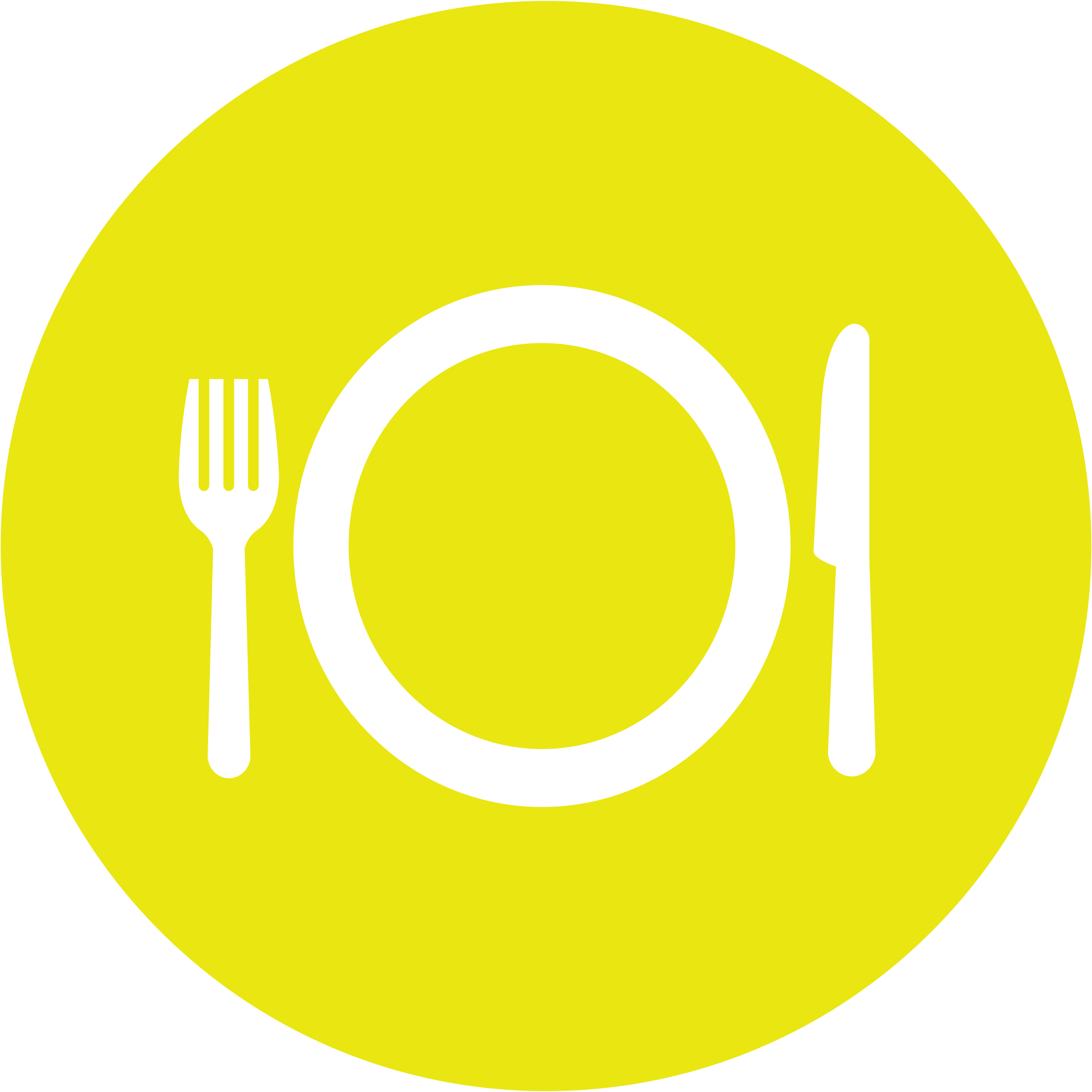 Icon of a dining plate with a fork on the left and a knife on the right, on a yellow circular background.