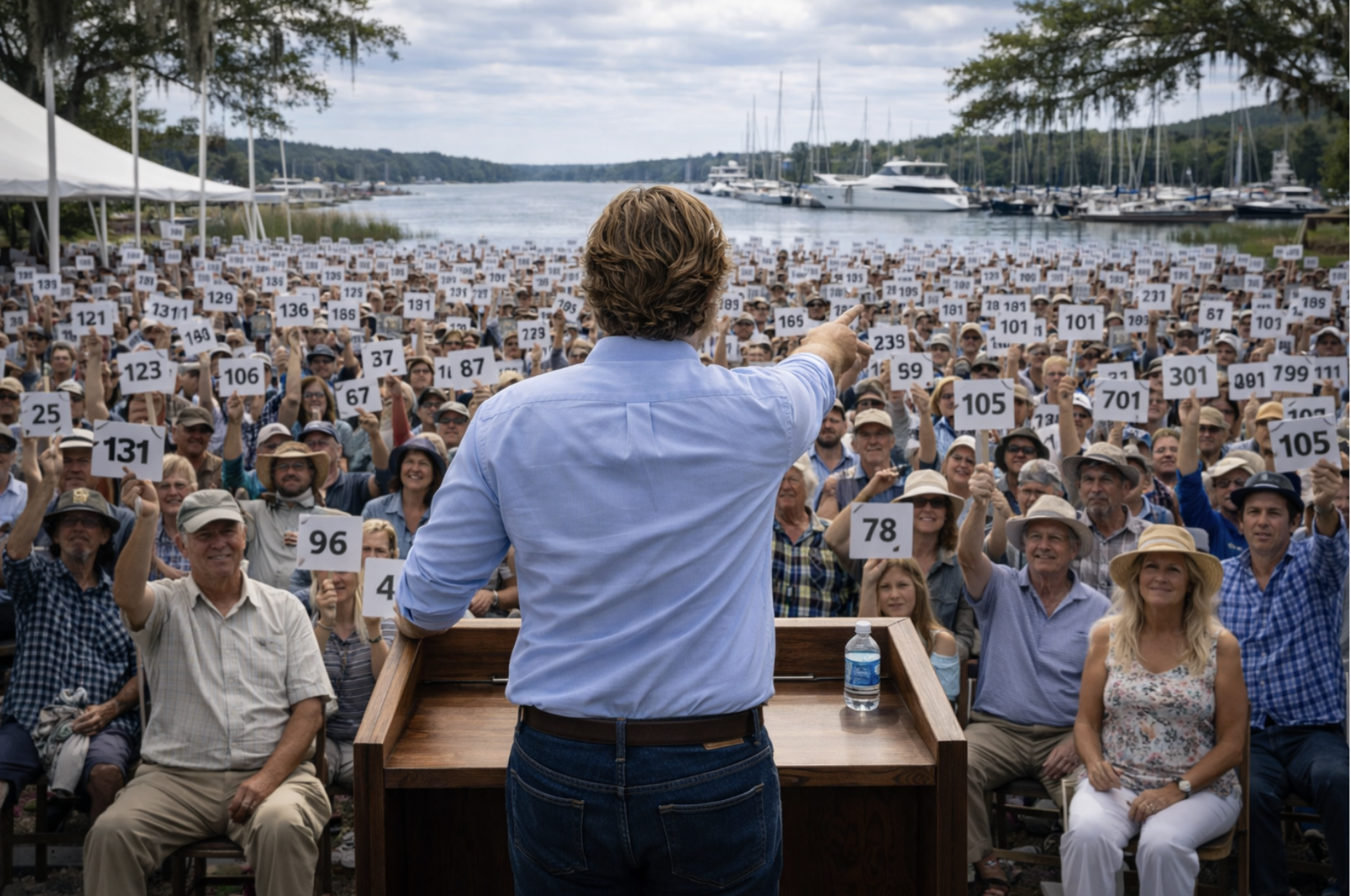 A man speaking at a podium during an outdoor event with a large audience holding numbered signs, near a waterfront with boats docked.
