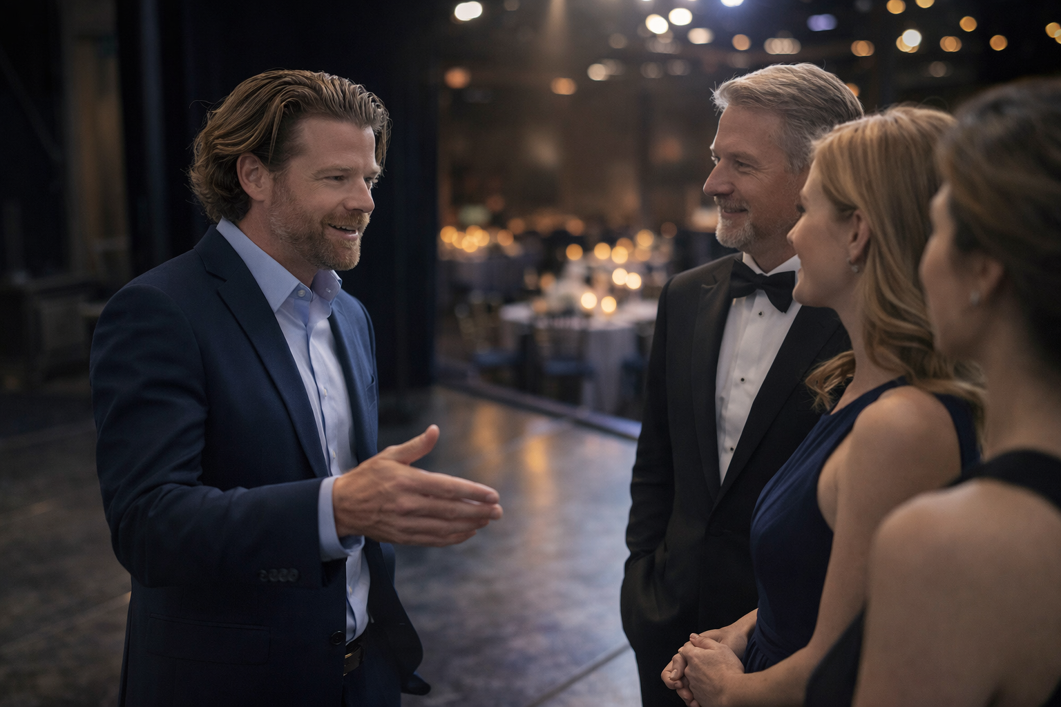 Four people dressed in formal attire talking at a social event, with a man in a blue suit speaking and three others, two women and a man, listening and smiling.