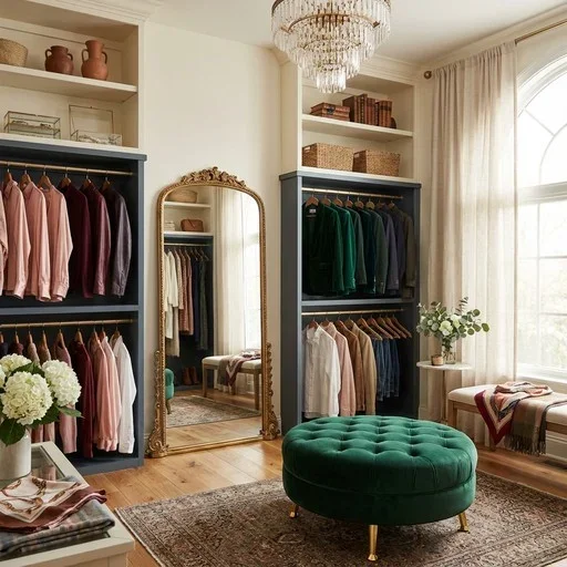 A walk-in closet with built-in shelves and racks filled with neatly hung clothes, a large ornate mirror, a green velvet ottoman, a chandelier, a window with white curtains, and a small table with a vase of flowers.
