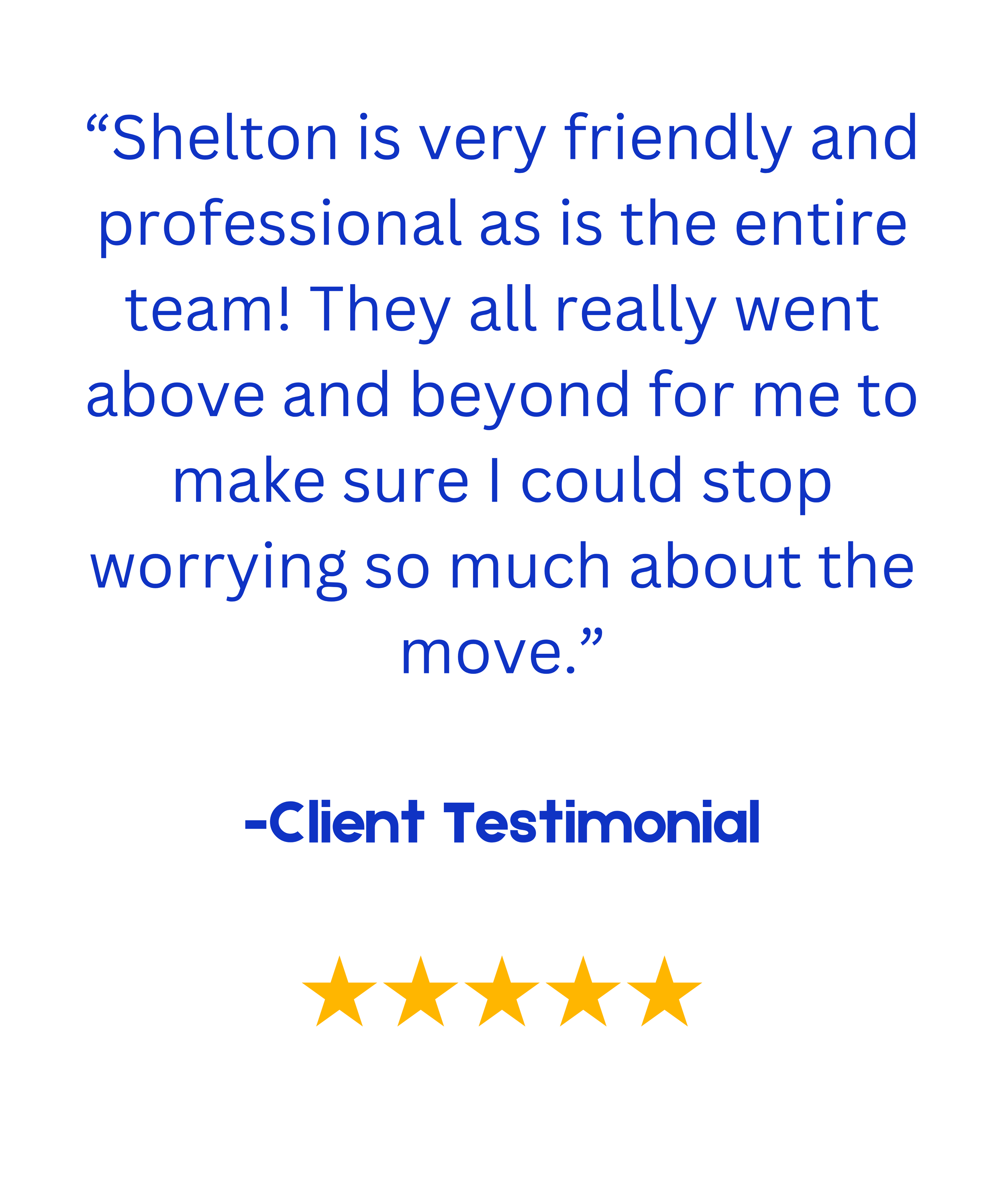 Client testimonial praising Shelton and team for professionalism, featuring five gold stars.