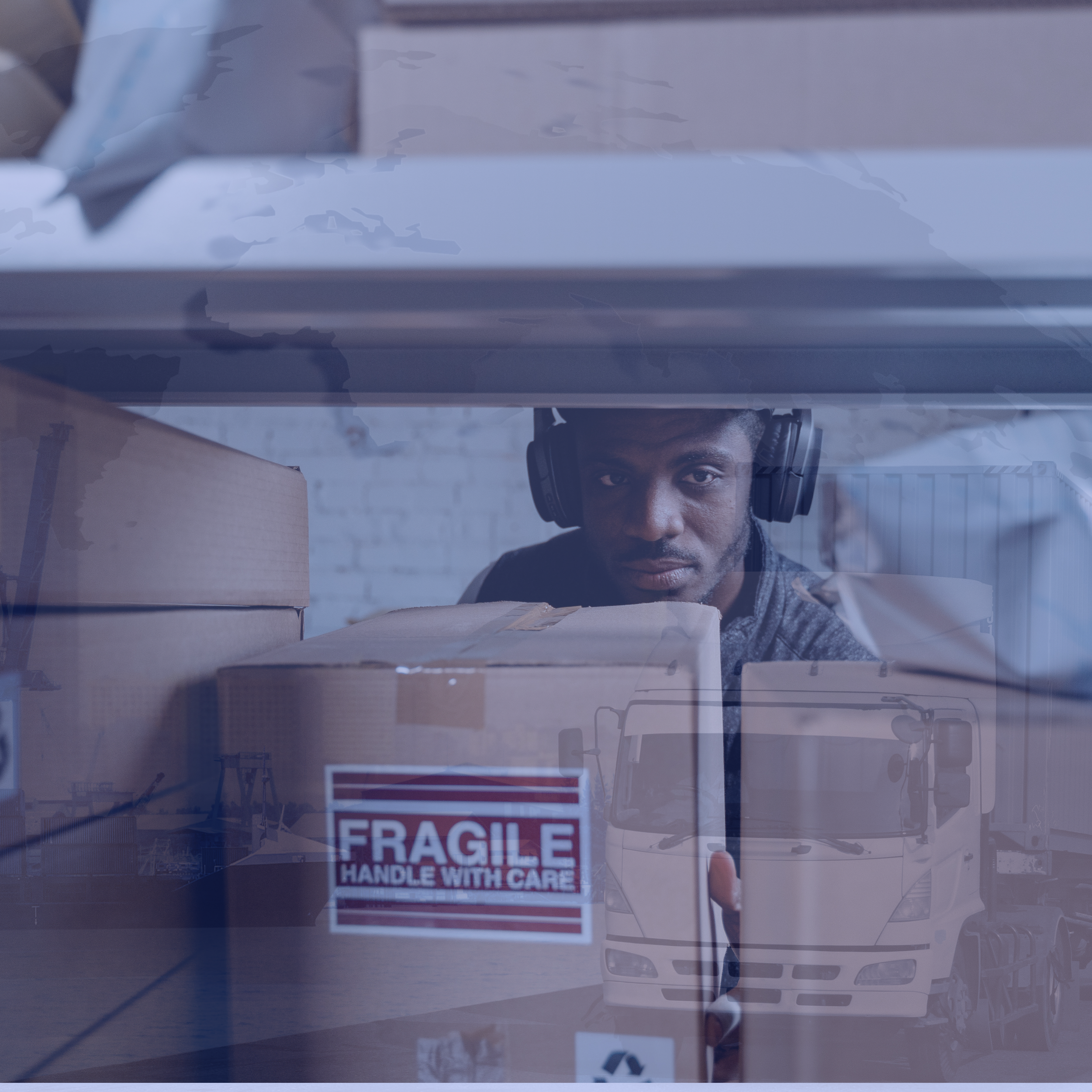 Man wearing headphones handling fragile package in a warehouse.
