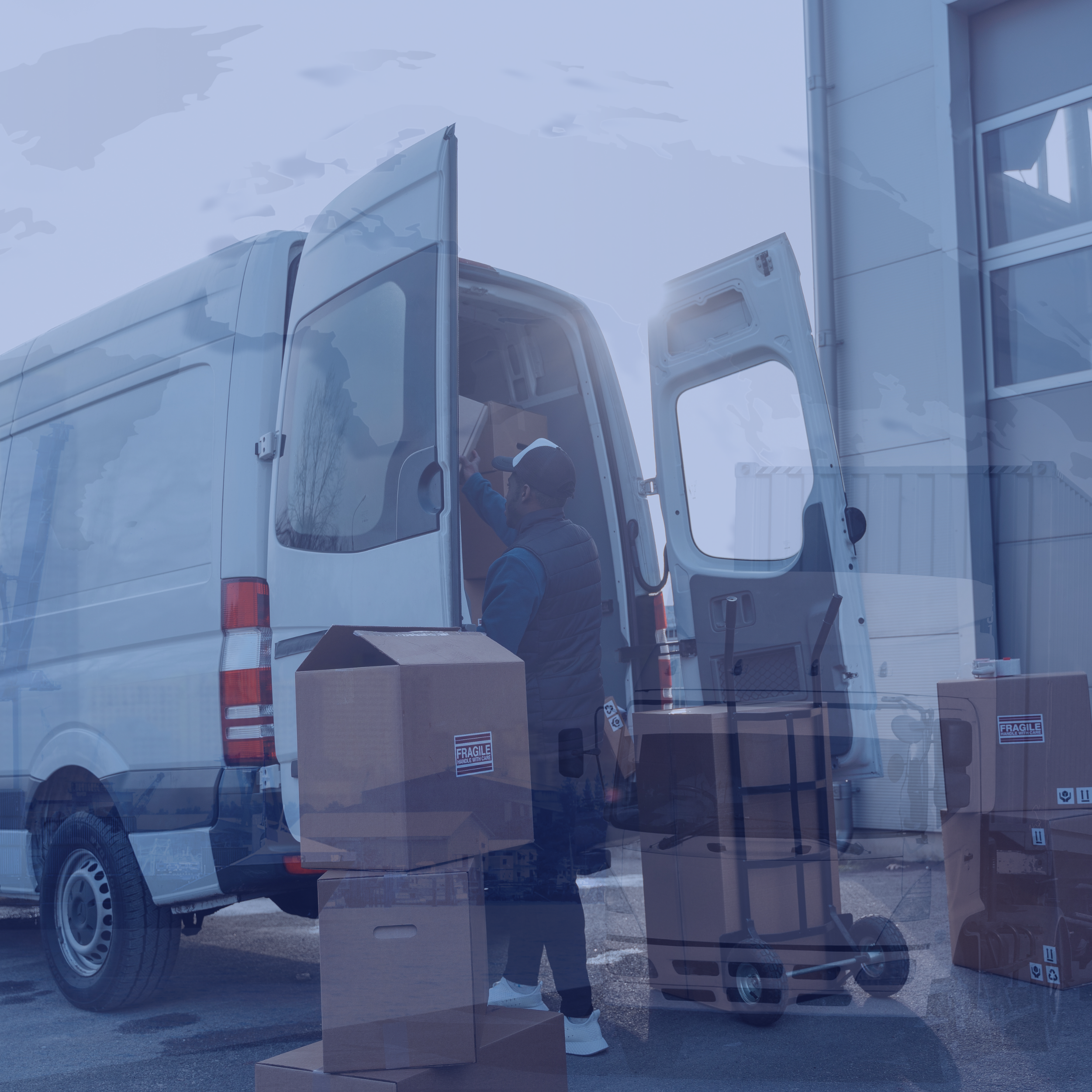 Person loading cardboard boxes into a delivery van outside a warehouse.