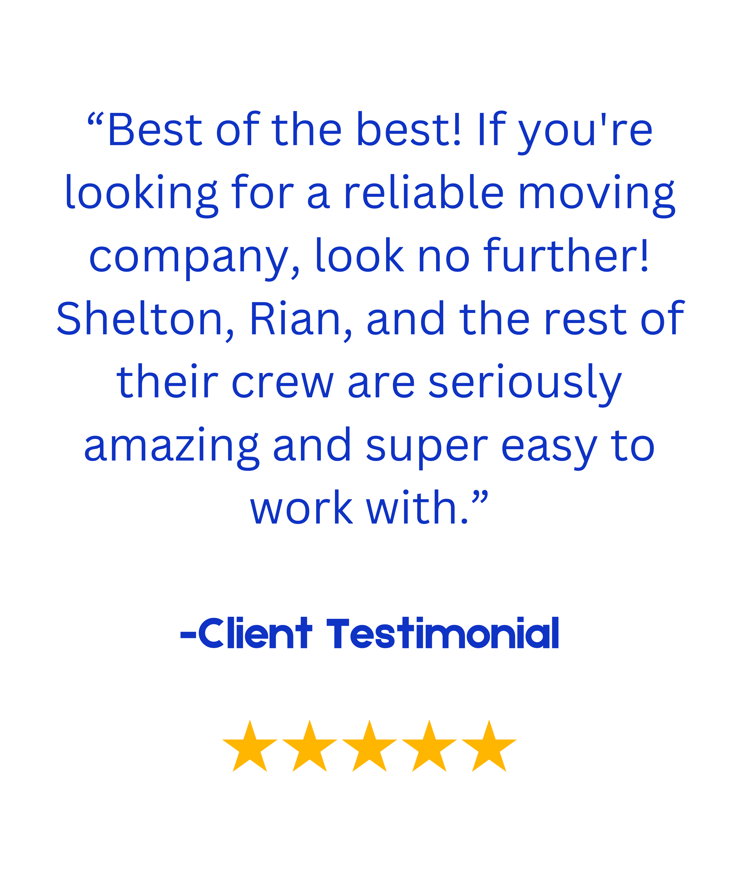 Client testimonial praising a moving company with a five-star rating.