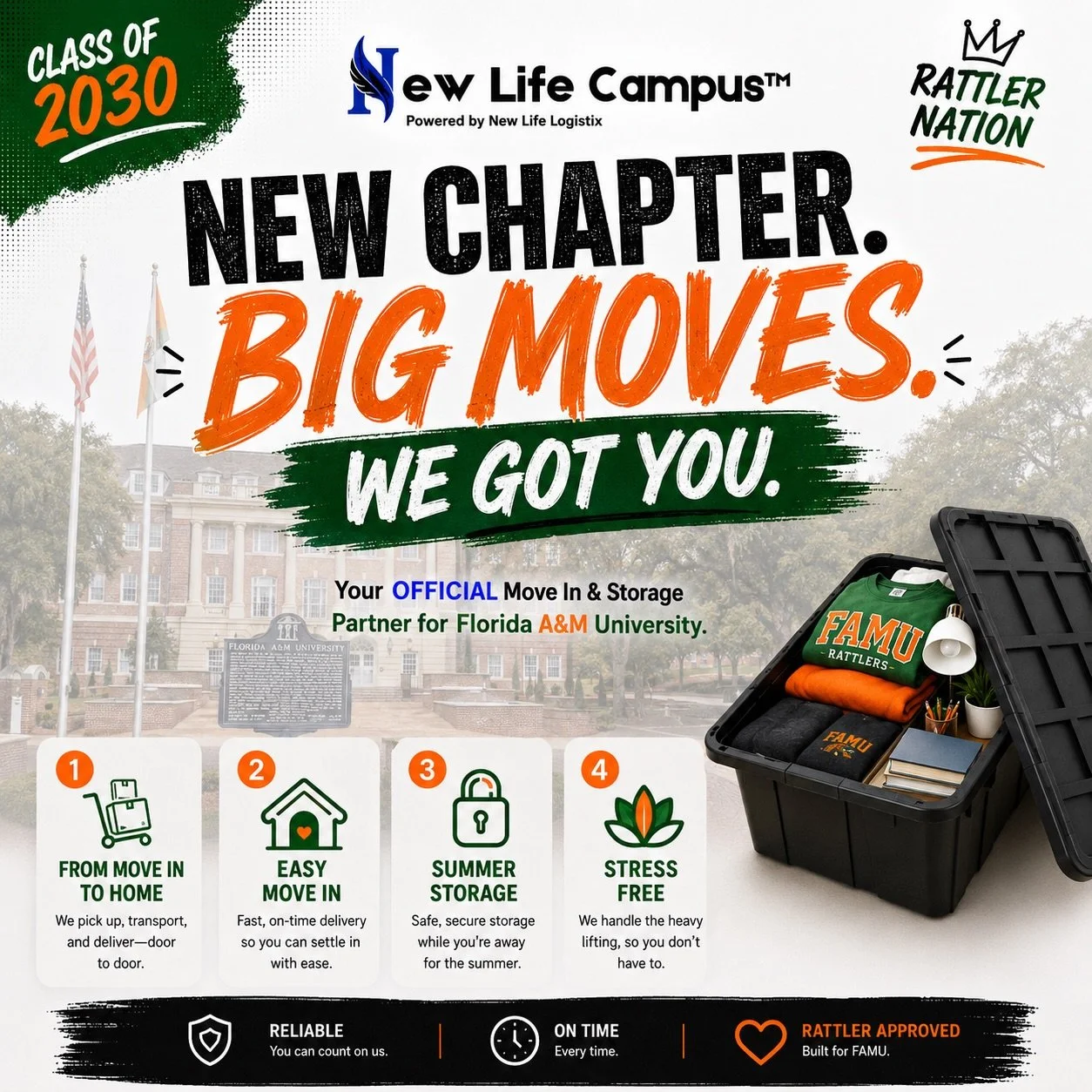 FAMU c/o 2030 🧡💚 We are official and trusted partners with @famu_1887 @famuhousing1887 

Skip the packed cars, storage units, and move in chaos.

📦 We ship containers to your home
🚚 We transport your belongings 
🏠 We deliver your containers AND 