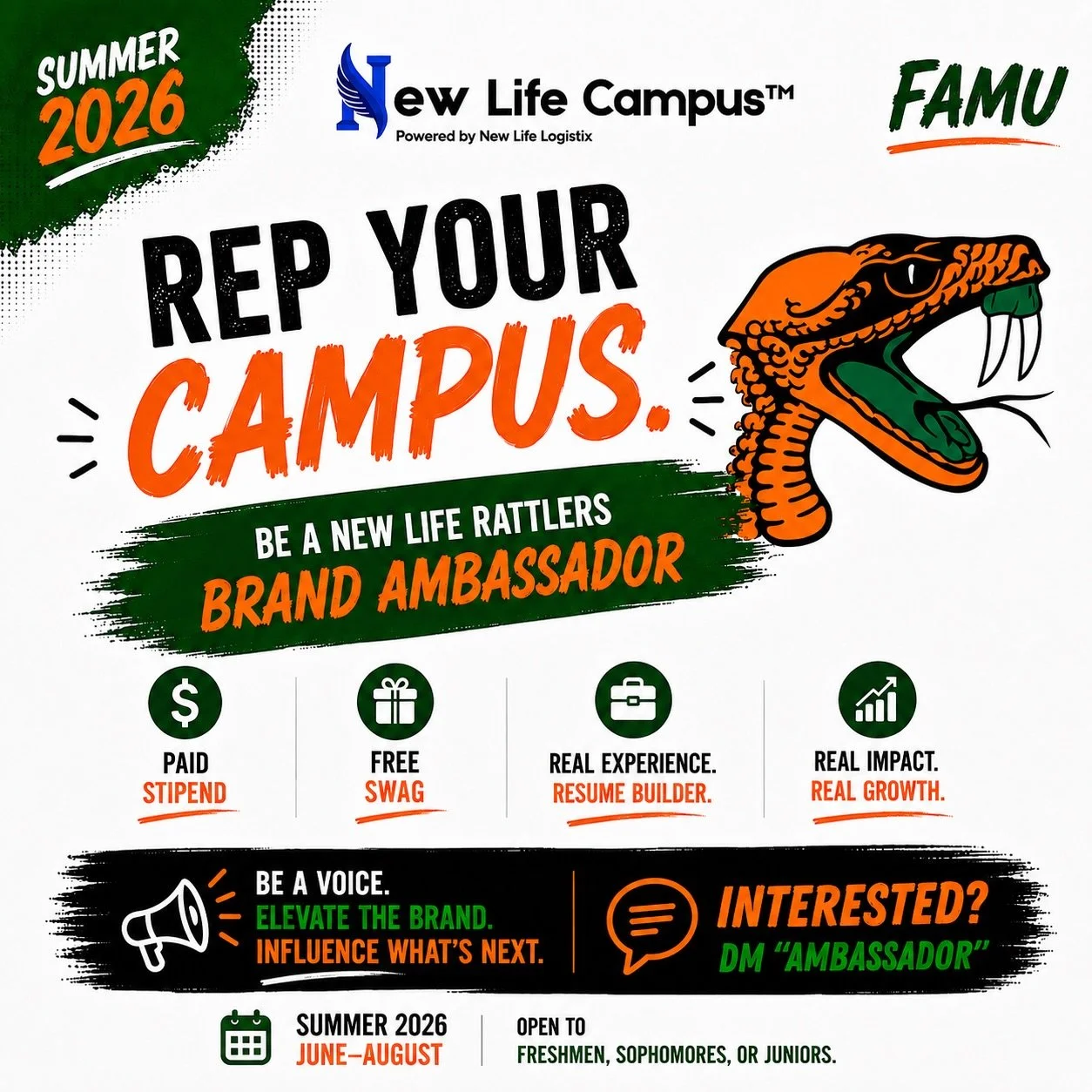 🚨🐍 Become a New Life Rattlers Brand Ambassador 🧡💚

Are you outgoing, creative, entrepreneurial, or the person everyone seems to know? 👀

Do people gravitate toward you?
Always creating content?
Love putting people on to what&rsquo;s happening?
G