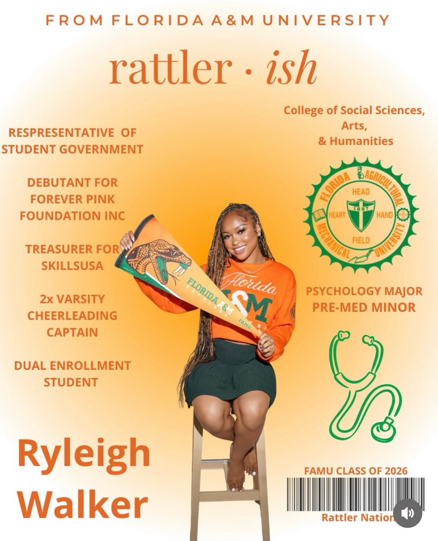 🐍🧡 INCOMING RATTLER SPOTLIGHT 💚🐍

Meet Ryleigh Walker from Atlanta, Georgia! @ohthatsryleigh 

📚 Intended Major: Psychology
🩺 Intended Minor: Pre-Med
🐍 Must-Have Move-In Item: Her Rattler Pride
🏠 Housing: TBD

Future healthcare leader Ryleigh