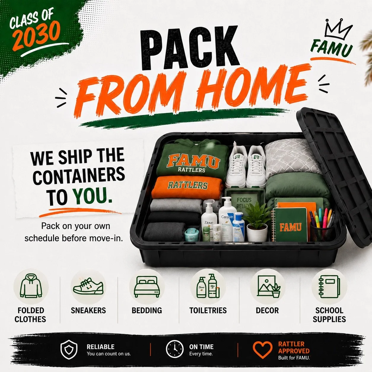 📦🐍 PACK FROM HOME. STRESS LESS. 🐍📦

Getting ready for move in doesn&rsquo;t have to mean cramming your entire room into the back of a car.

With New Life Campus, we&rsquo;ll ship your container directly to you so you can pack on your own schedule