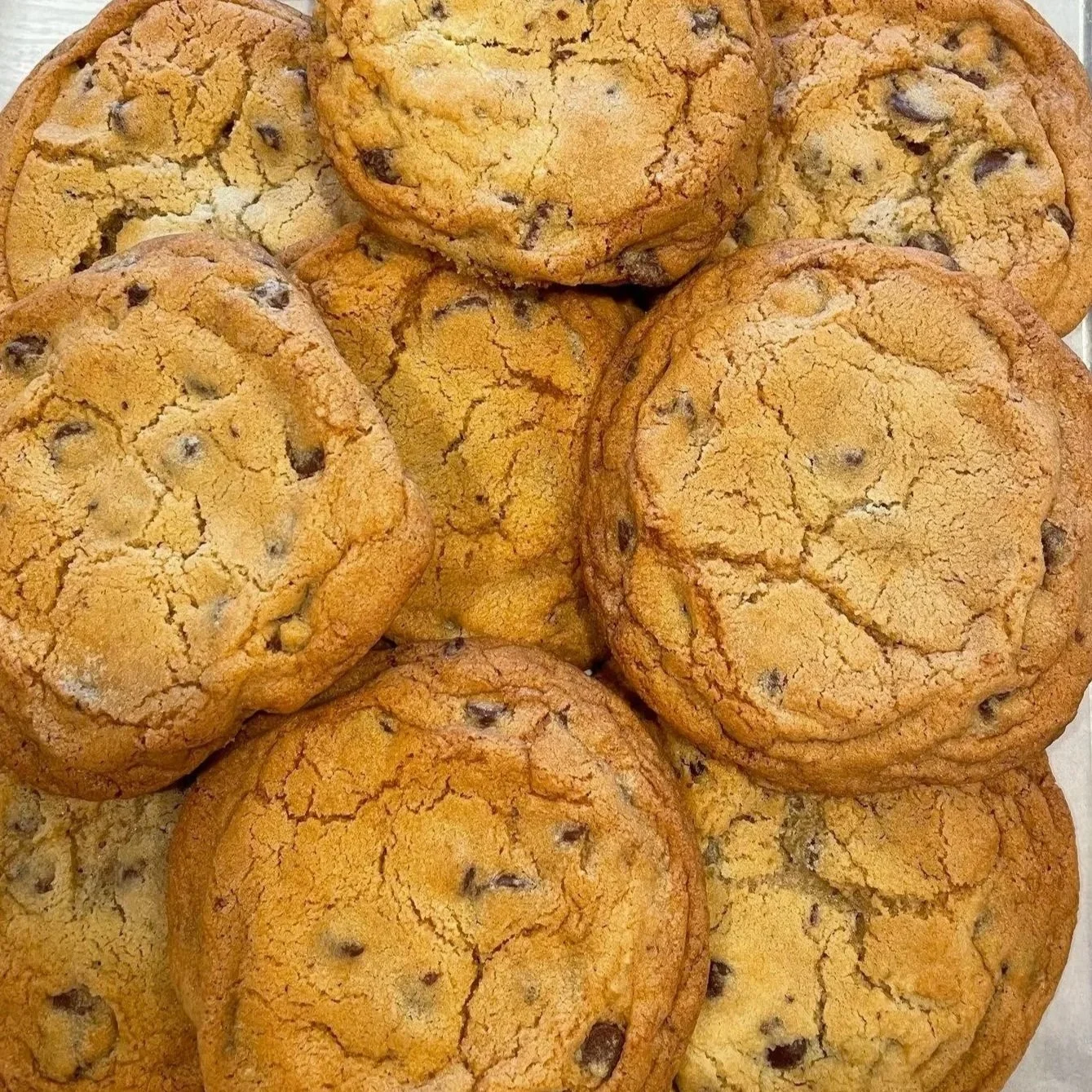 Close-up of several chocolate chip cookies with cracked golden-brown surfaces.