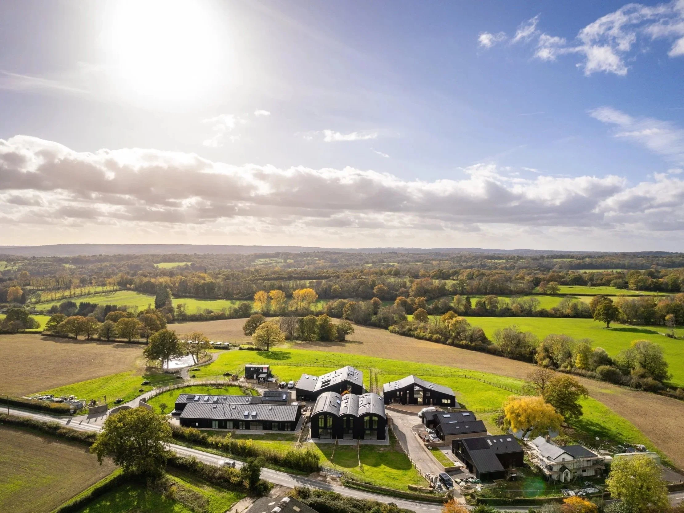 Aerial view of Hartdene Barns and the surrounding High Weald countryside.