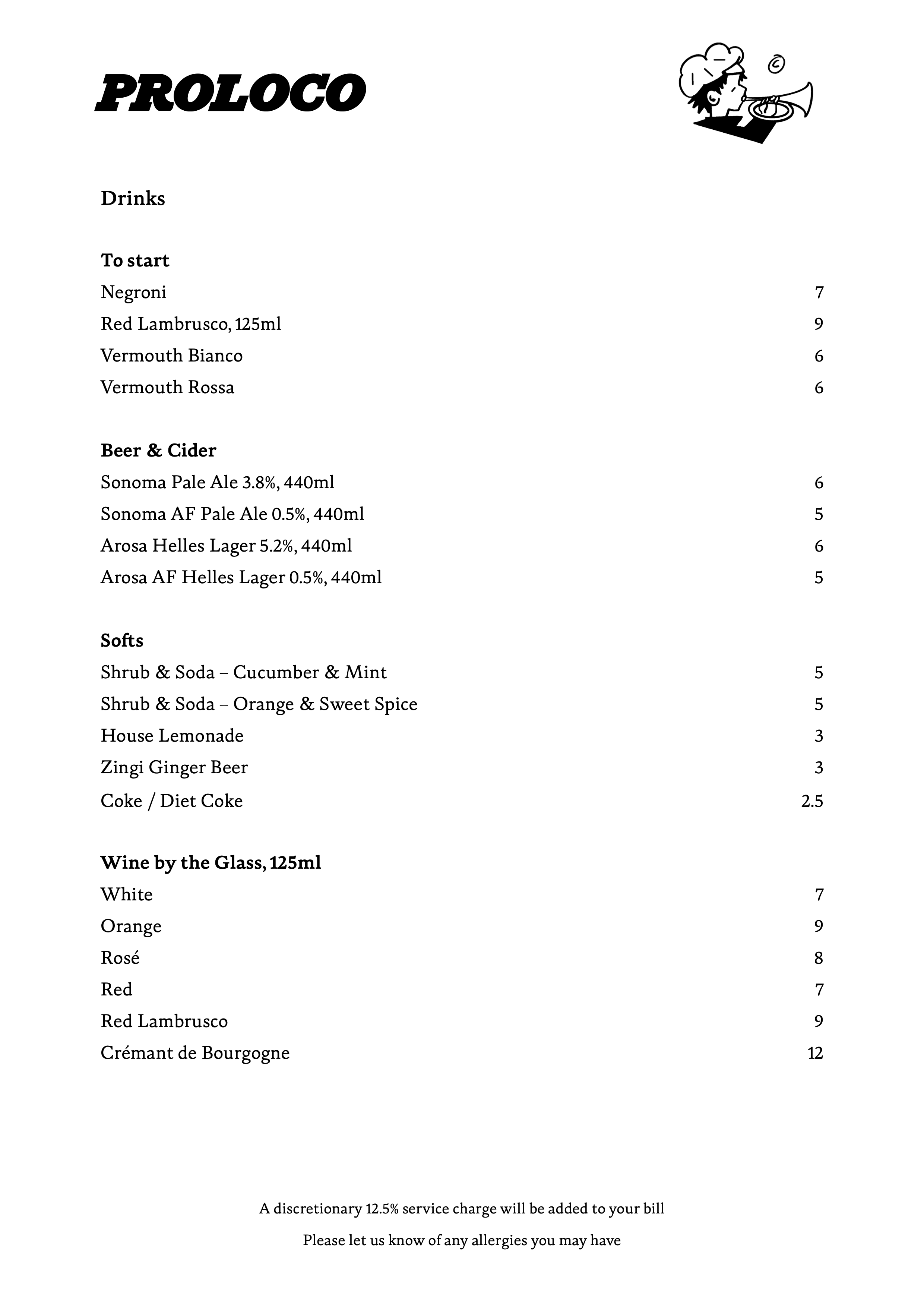 Proloco drinks menu