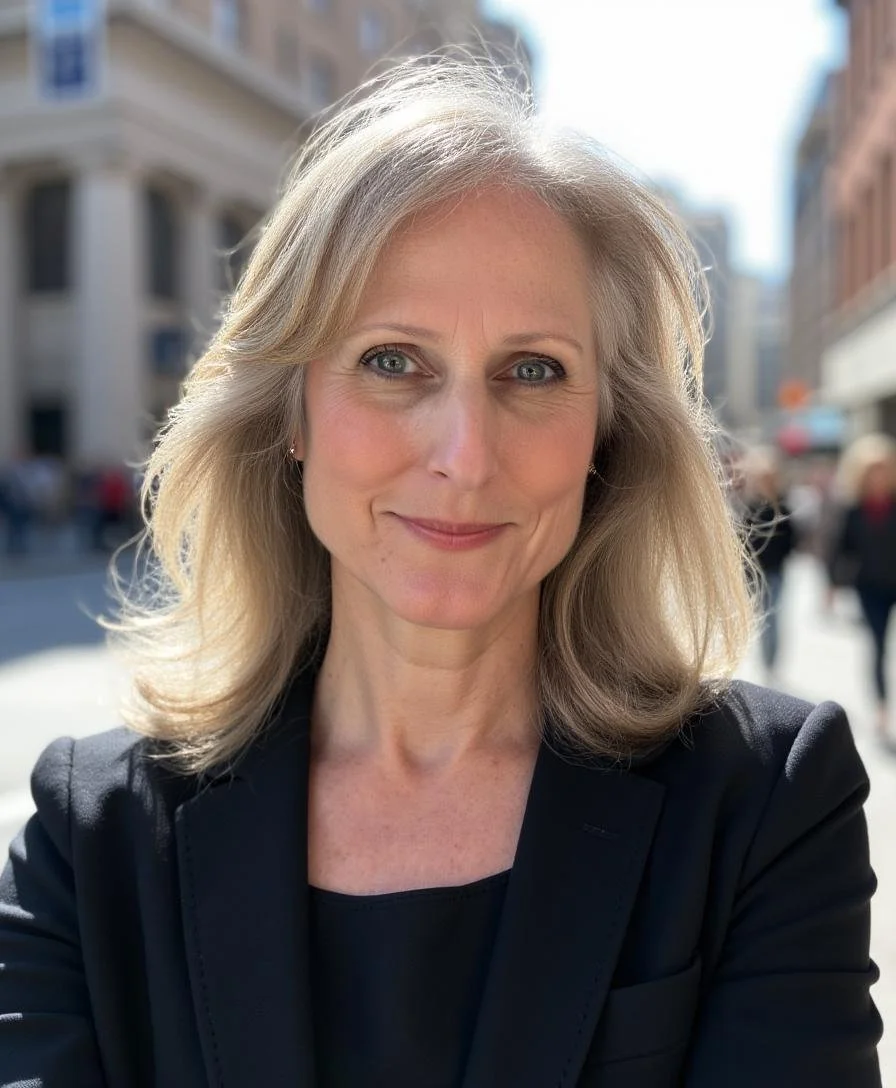 Close-up of a woman with shoulder-length blond hair, blue eyes, and a slight smile, standing outdoors in a city with buildings and pedestrians in the background.