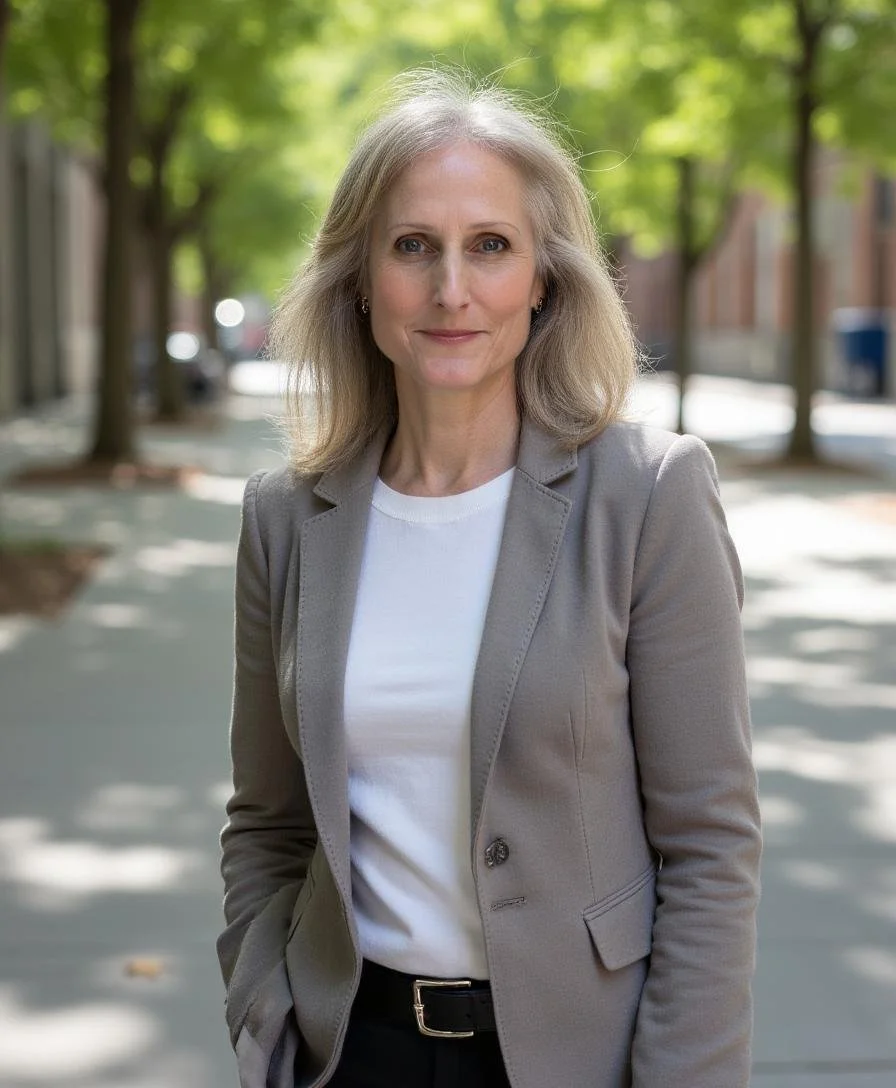 A professional woman with shoulder-length gray hair standing outdoors on a tree-lined street, wearing a light gray blazer over a white shirt and black pants.