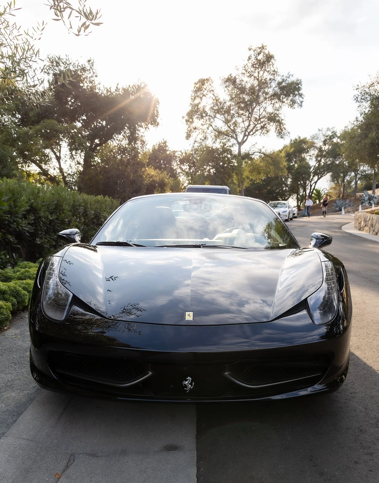 A black Ferrari sports car parked outdoors on a paved surface with trees and people in the background, and sunlight shining through the trees.