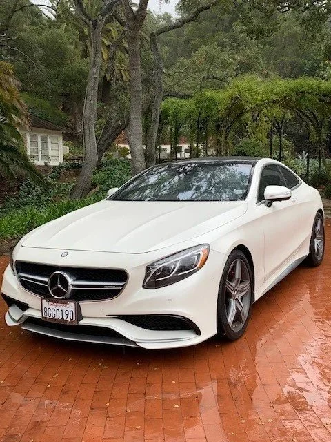 White Mercedes-Benz coupe parked on a wet brick driveway, surrounded by trees and greenery.