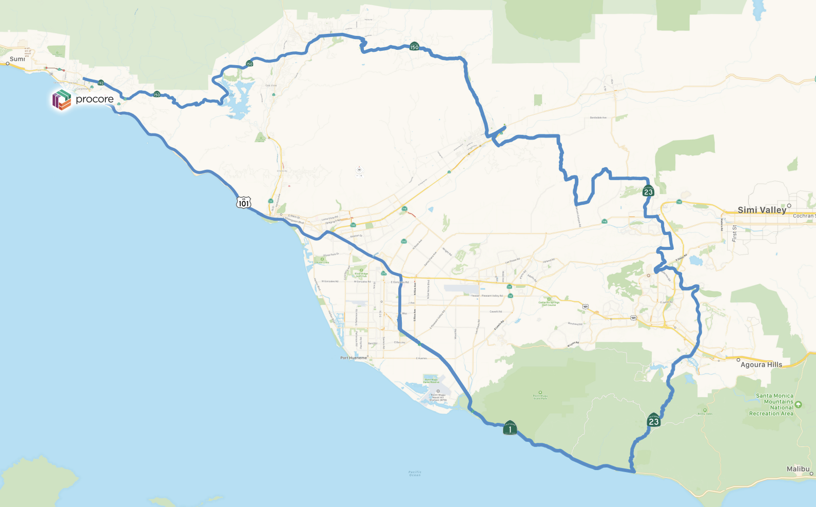 Map showing a route from Simi Valley through Santa Monica and Malibu, marked with numbered markers and roads.