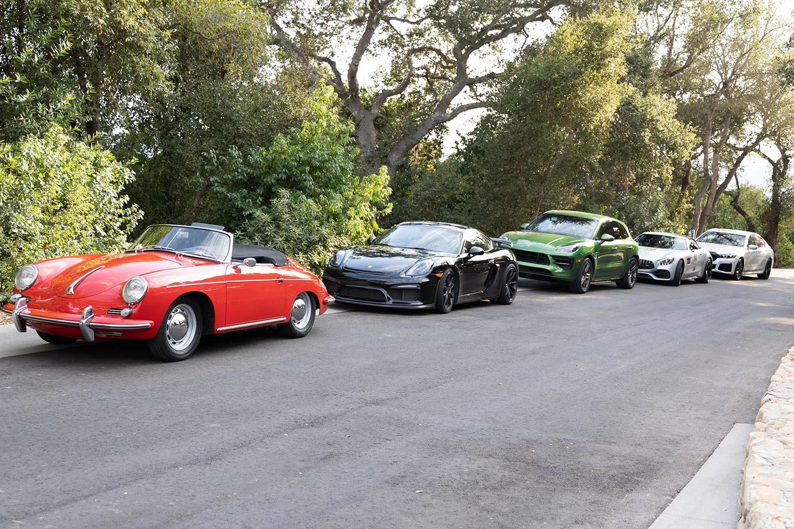Series of five cars parked on the side of a road with trees and greenery in the background, including a red vintage convertible, a black sports car, a green compact SUV, a silver coupe, and a white sedan.
