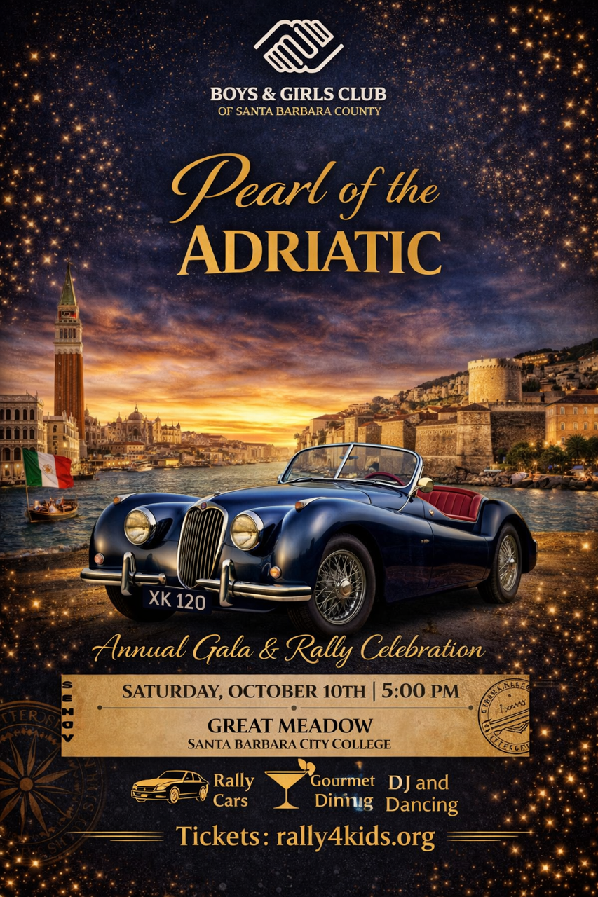 Poster for the Boys & Girls Club of Santa Barbara County's Pearl of the Adriatic Gala, featuring a vintage convertible car against a sunset cityscape background with a waterway and historic buildings.