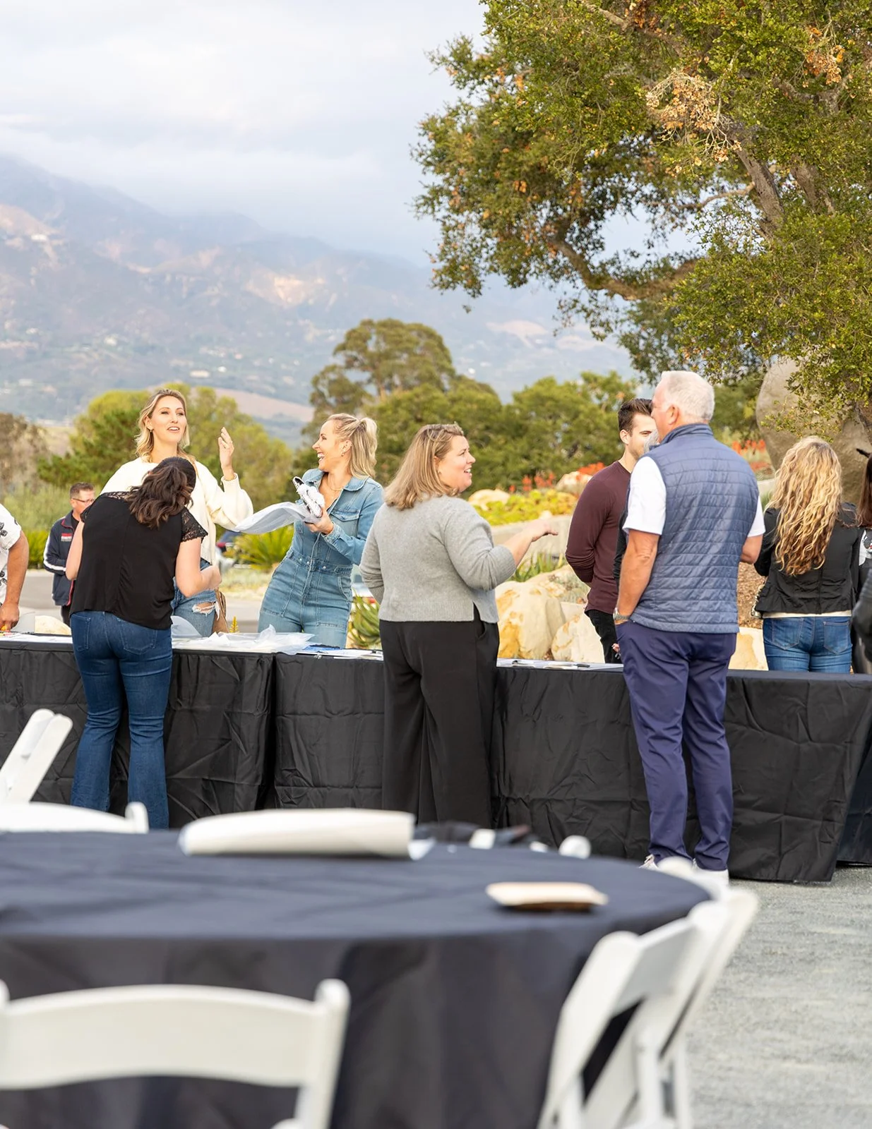 People gathered outdoors at a social event with tables, mountains in the background, and trees, engaged in conversation.