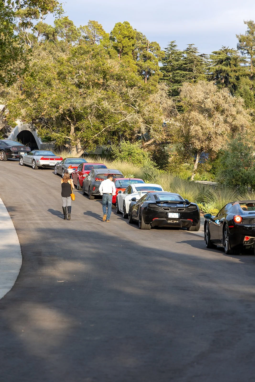 People walking on a paved driveway next to a row of parked cars, with a lush, green hillside and trees in the background.