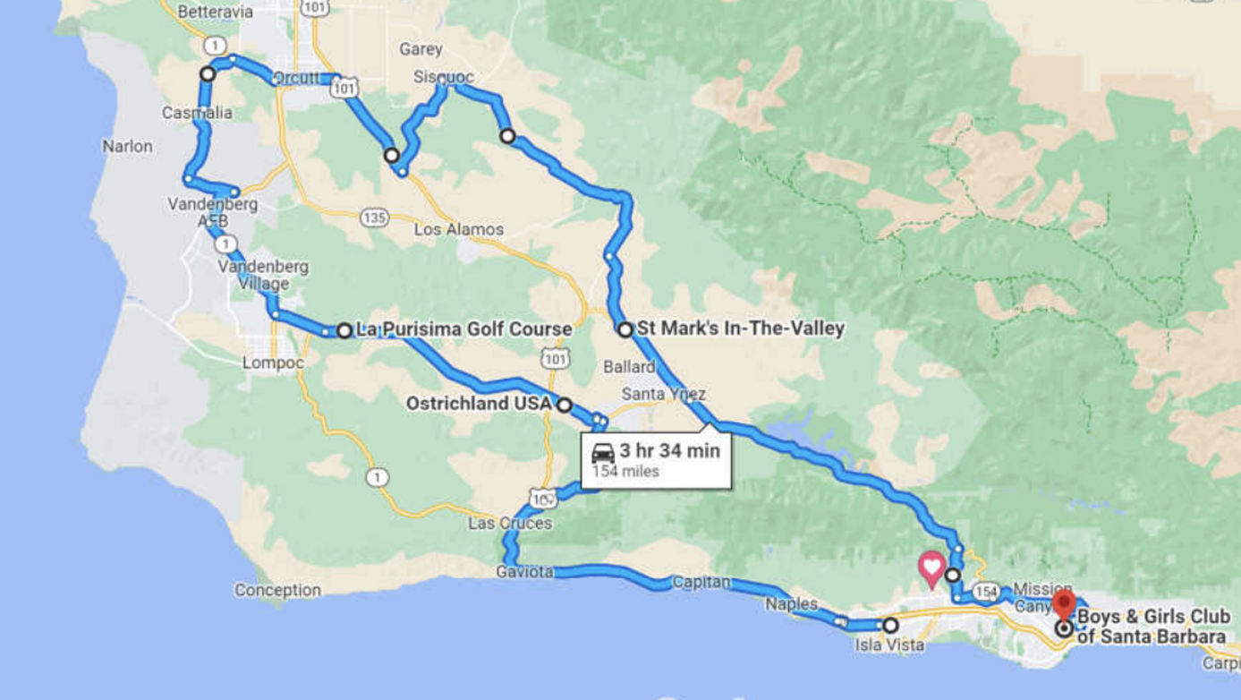 Map showing a driving route from North to South in California, passing through locations like Orcutt, Santa Ynez, and Santa Barbara, ending at Boys & Girls Club of Santa Barbara.