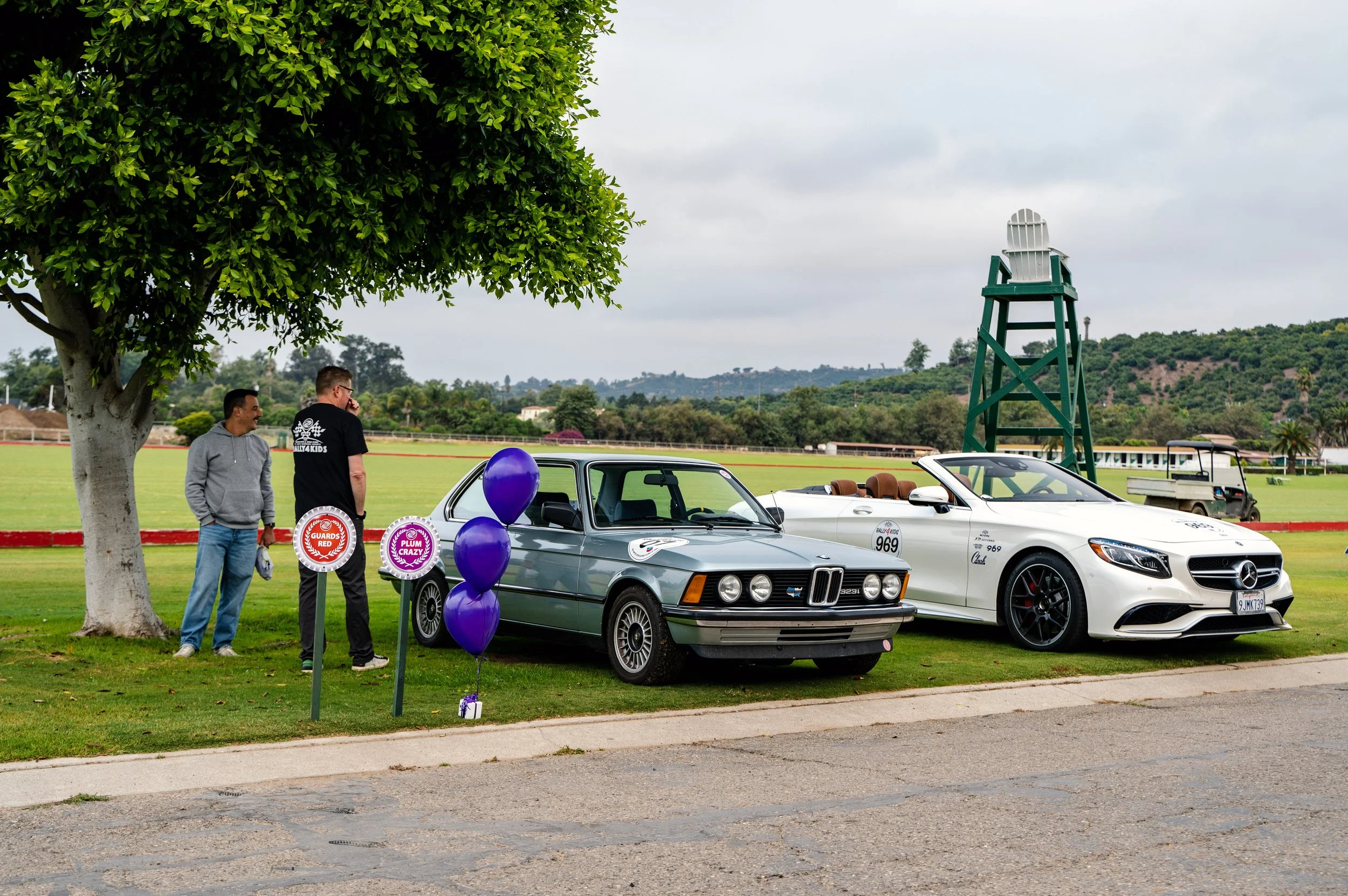 Two classic cars, a gray BMW and a white Mercedes-Benz, parked on a grassy field near a large tree. Two men are standing beside the cars, one talking on a phone. Purple balloons and signs are also in the scene, with a tall green and white lifeguard t