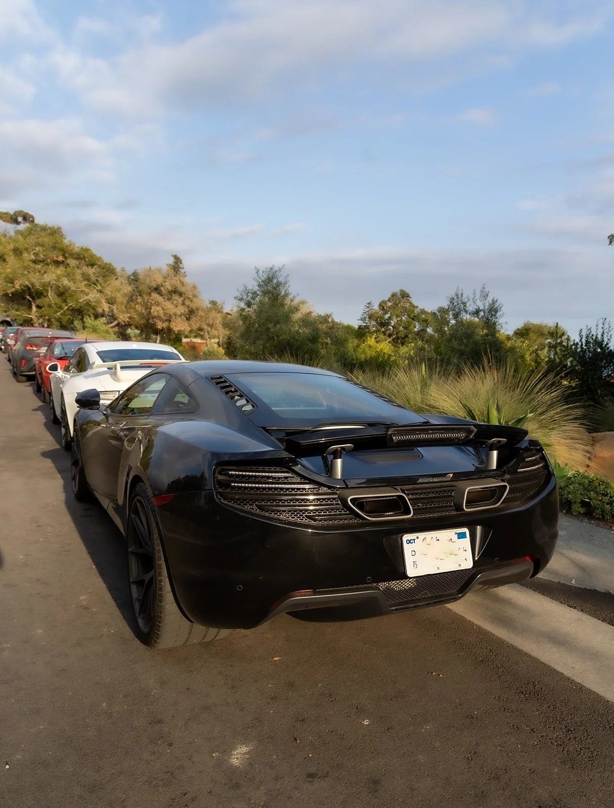Black sports car with a rear spoiler parked in a row of other vehicles outdoors under a partly cloudy sky, with trees and shrubs in the background.