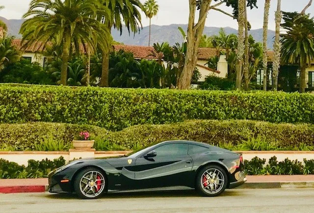 A black Ferrari sports car parked next to a green hedge along a street, with palm trees and houses in the background.
