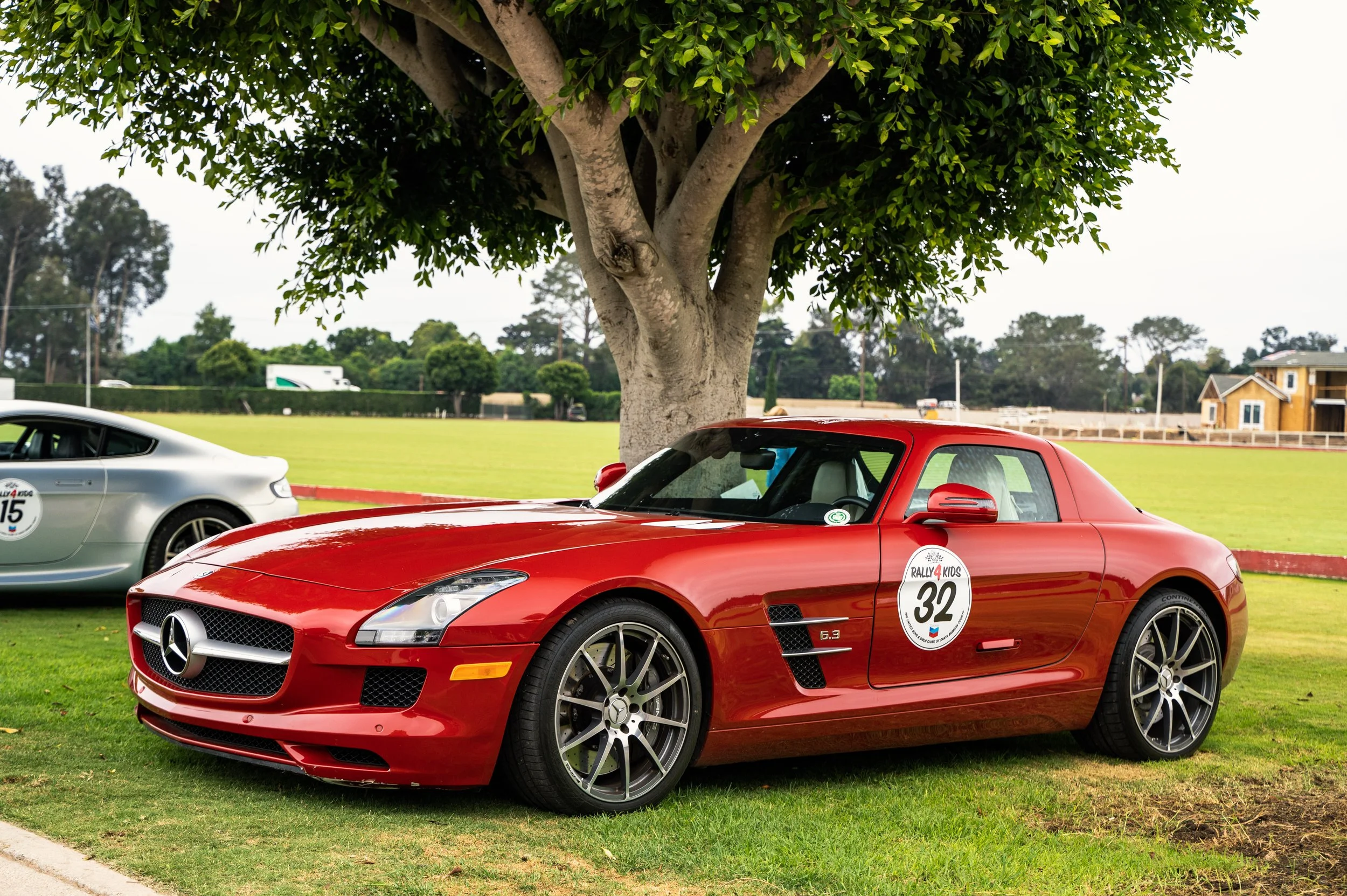 A red Mercedes-Benz SLS AMG sports car parked on a grassy area under a large tree, with a silver car partially visible in the background, at an outdoor event or car show.