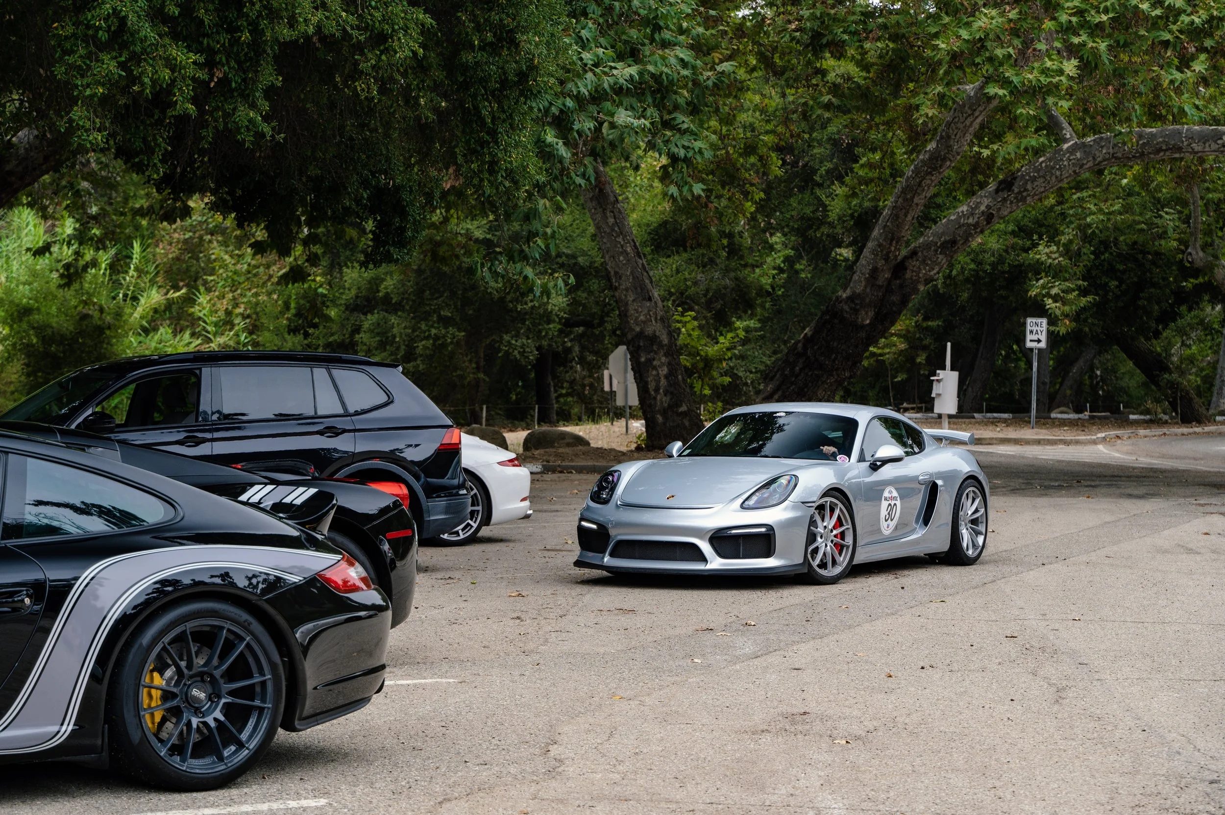 A silver Porsche sports car parked among other black and white cars in a tree-lined parking lot.
