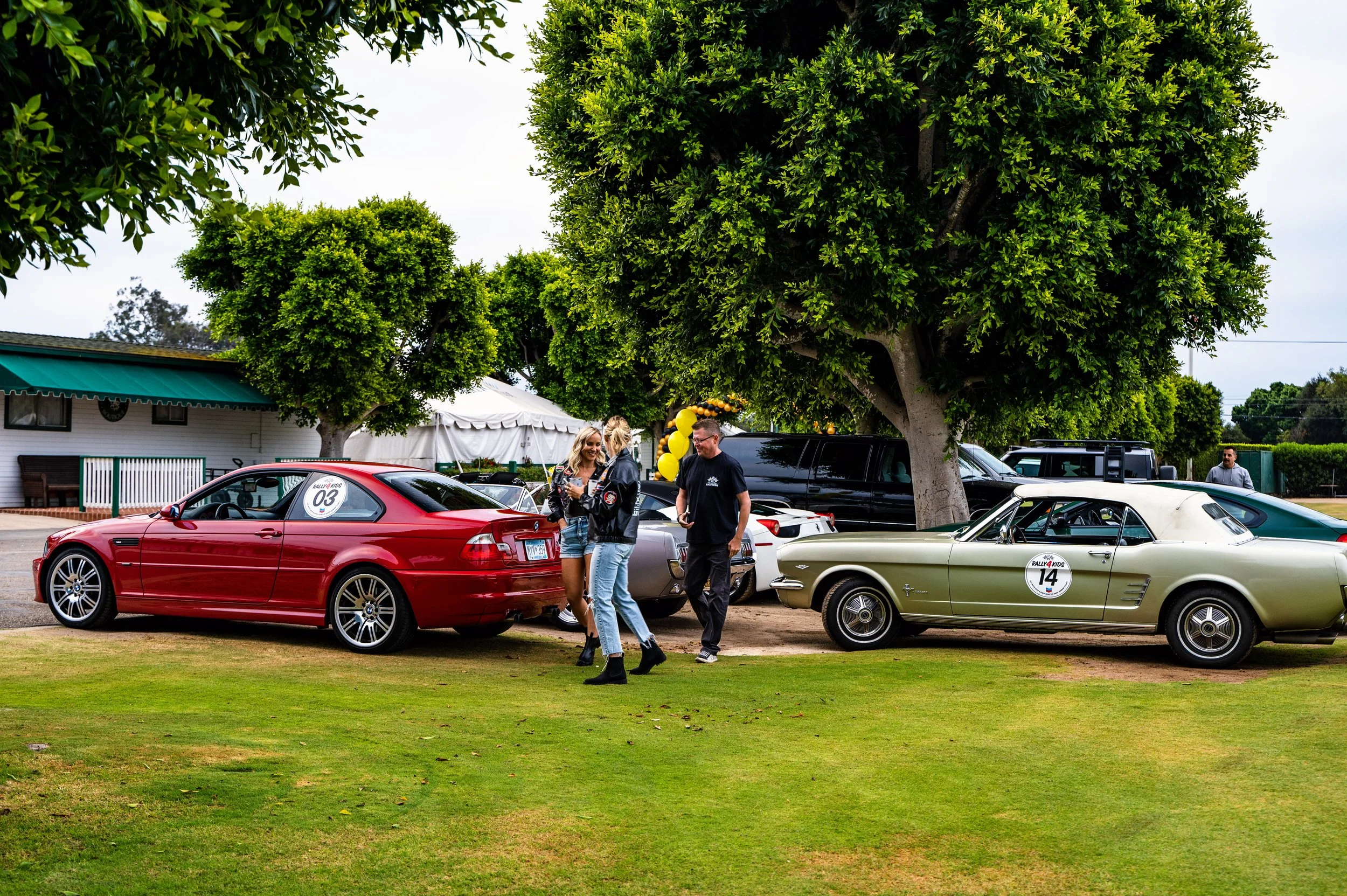 People socializing next to vintage cars and a modern red car parked under green trees during an outdoor event.