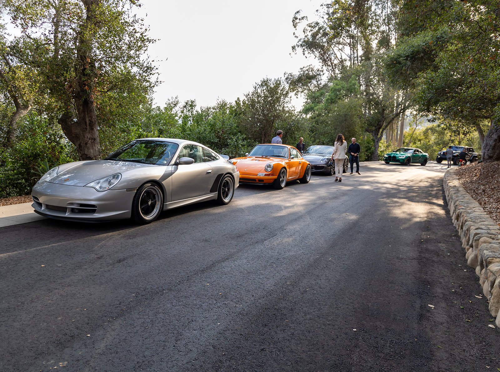 Multiple cars parked along a tree-lined road with a few people walking and talking in the background.