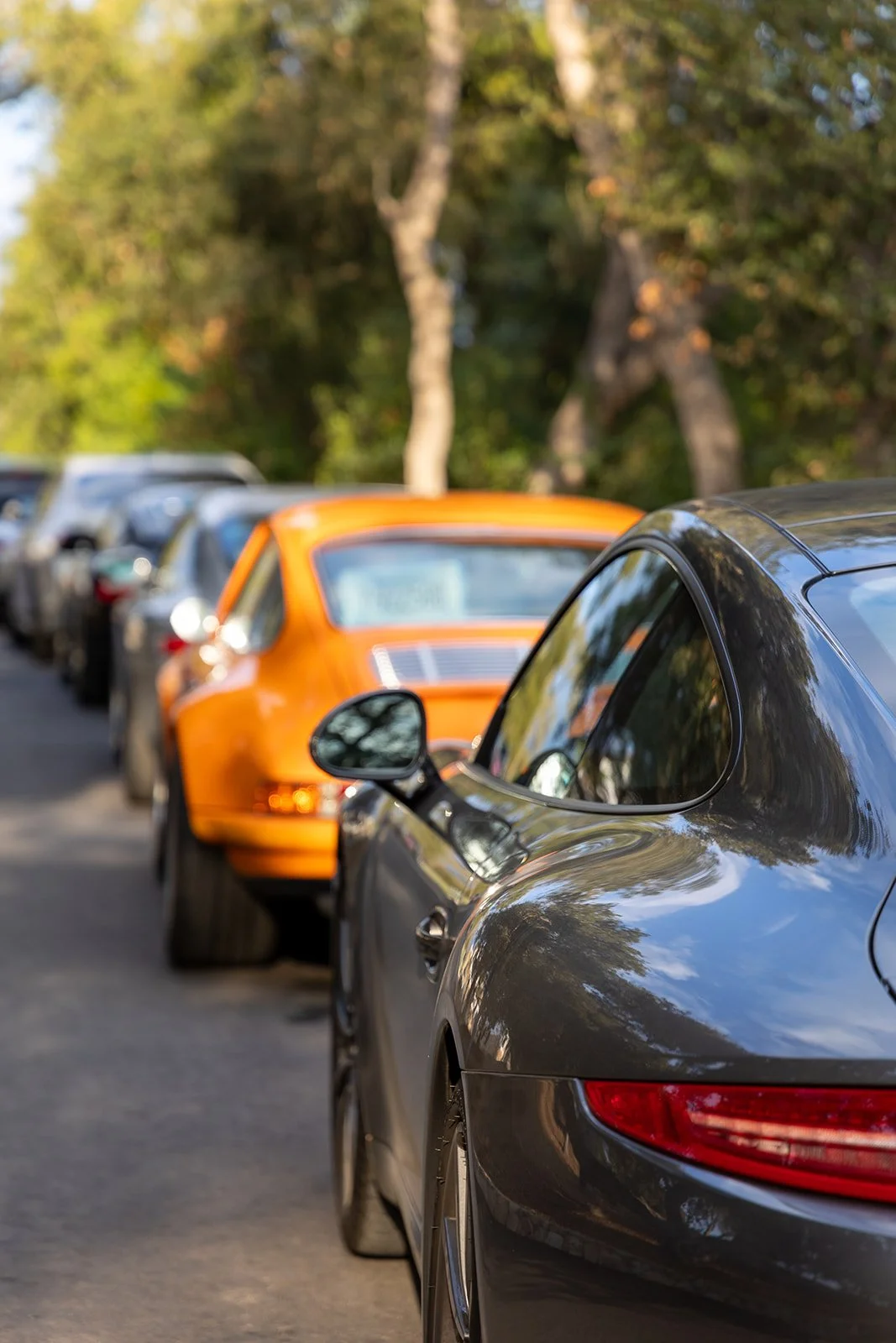 A row of parked cars, including a black sports car in the foreground and an orange car behind it, on a street lined with trees.