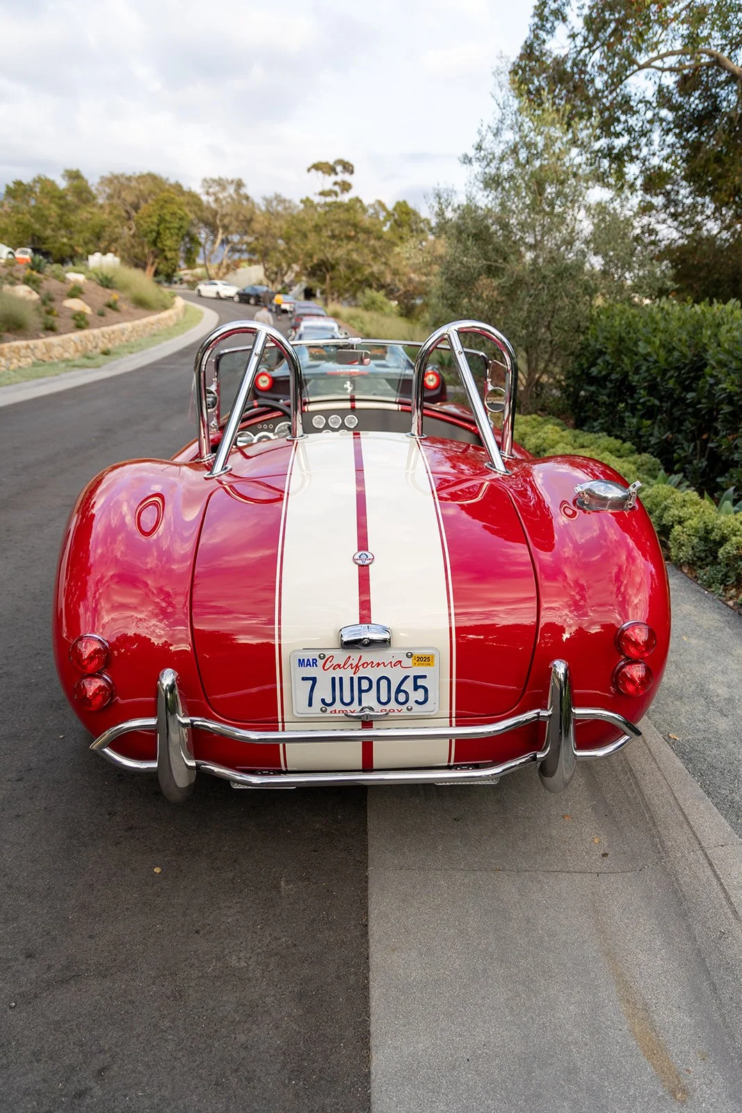 Red vintage sports car with white racing stripe and chrome accents parked on the street in front of a line of other cars, with trees and plants in the background.