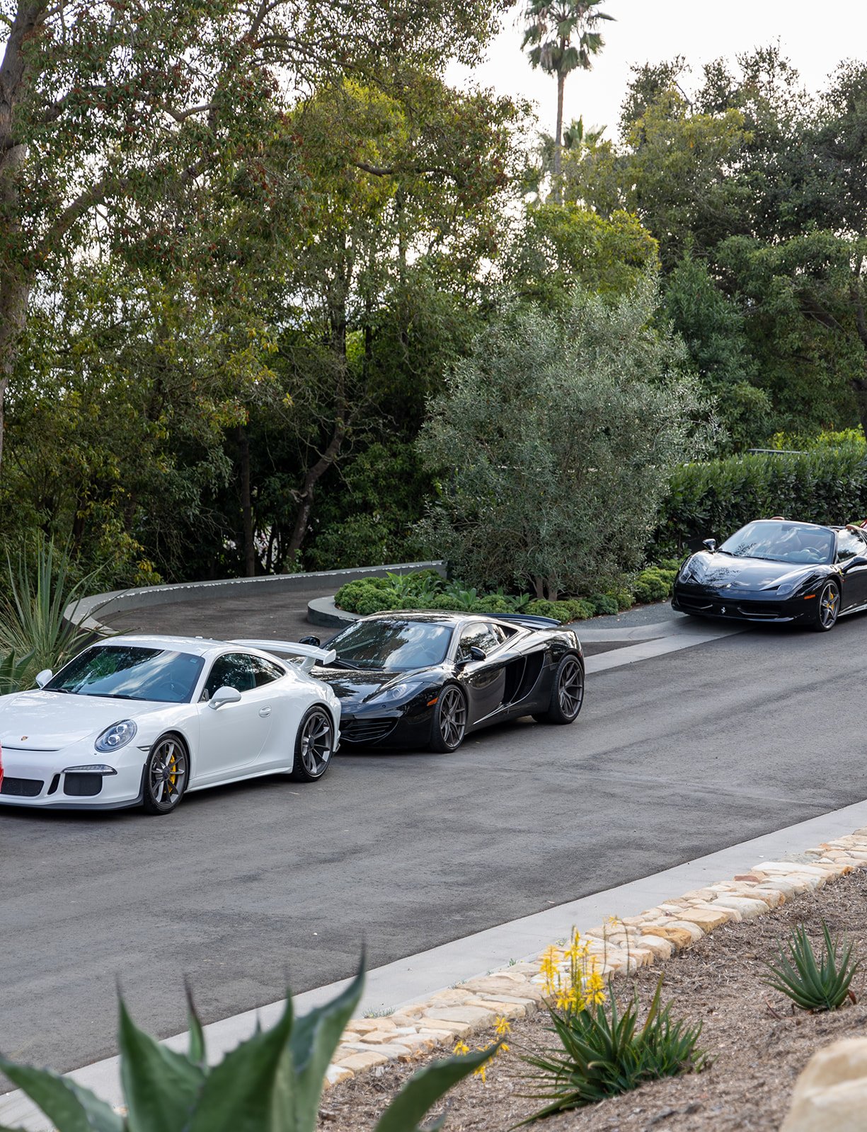 Three luxury cars, a white Porsche, a black McLaren, and a black Lamborghini, parked along a street with greenery and trees in the background.