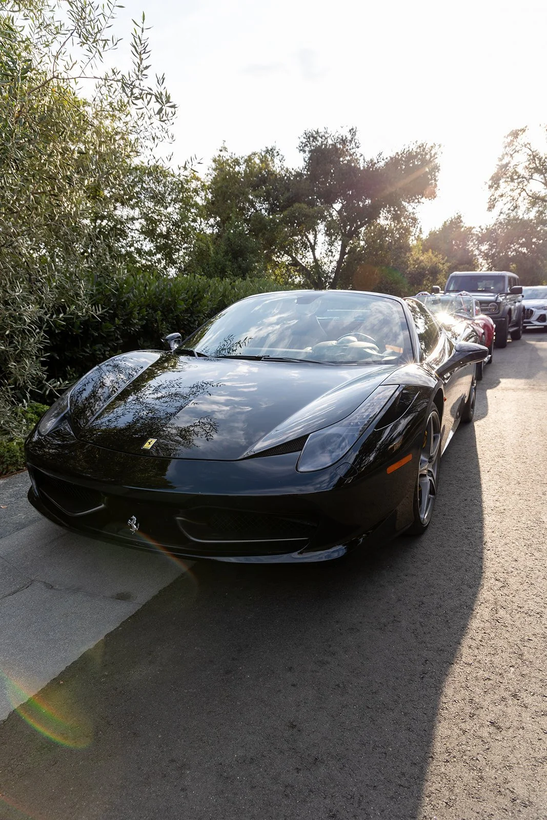 Black Ferrari sports car parked on the side of a road with other vehicles behind it, surrounded by trees and bushes in a sunny setting.