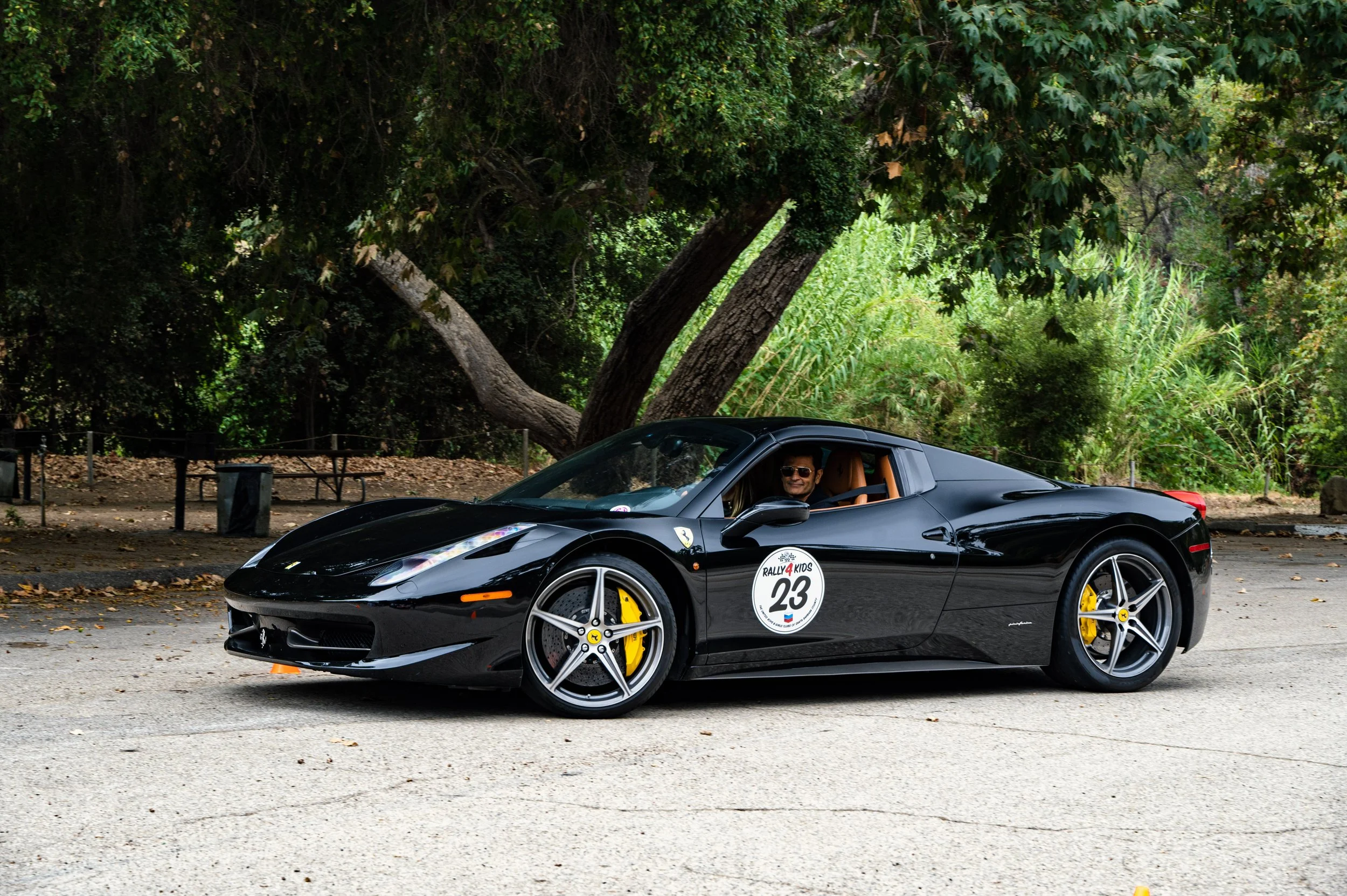 A black Ferrari sports car with a rally badge on the door, yellow brake calipers, and a person wearing sunglasses inside, parked on a paved surface under a large tree with green foliage.