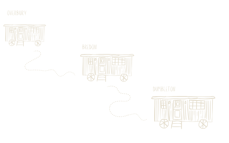 Illustration of three Hogwarts Express train cars labeled Overbury, Bredon, and Dumbleton on a black background.