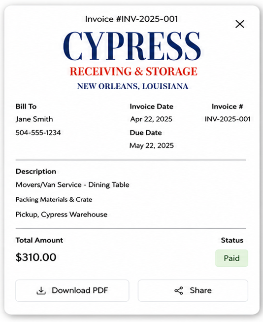 Invoice from Cypress Receiving & Storage, New Orleans, Louisiana, paid by Jane Smith for moving van service, packing materials, and pickup from Cypress warehouse, totaling $310.00.