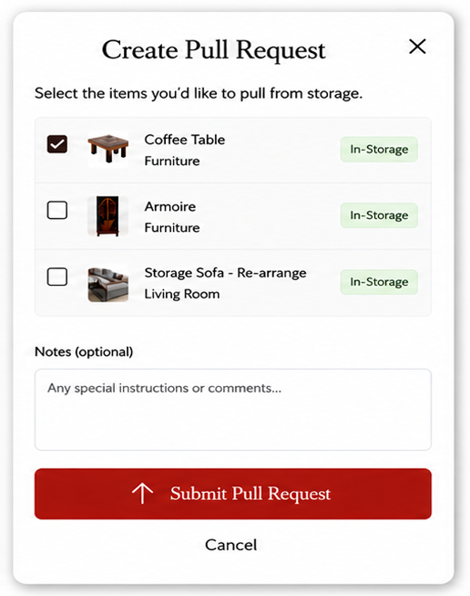 Online interface for creating a pull request with a list of furniture items selected for storage, including a coffee table, armoire, and storage sofa, with options to add notes and submit the request.