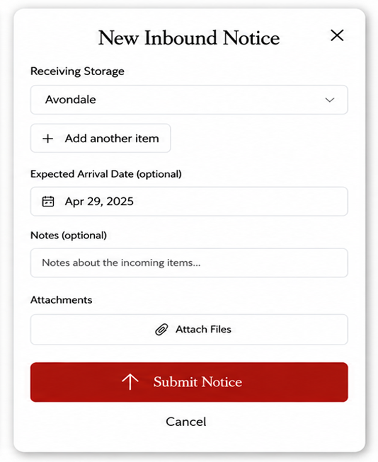 A digital form titled 'New Inbound Notice' with sections for Receiving Storage, Expected Arrival Date, Notes, and Attachments, featuring a red 'Submit Notice' button and a 'Cancel' option.