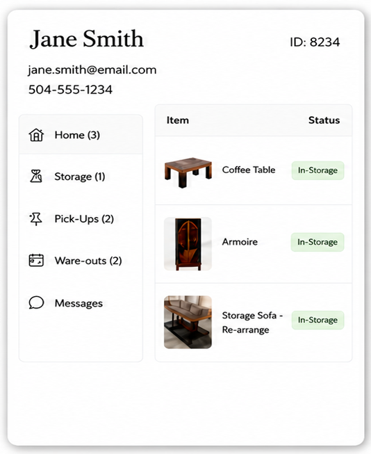 Client portal for a New Orleans white glove receiving and storage warehouse, featuring furniture inventory management, item photo tracking, pickup requests, shipping services, storage status updates, and customer messaging.