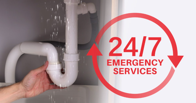 A hand fixing a plumbing pipe underneath a sink with water dripping, alongside a label indicating 24/7 emergency services.